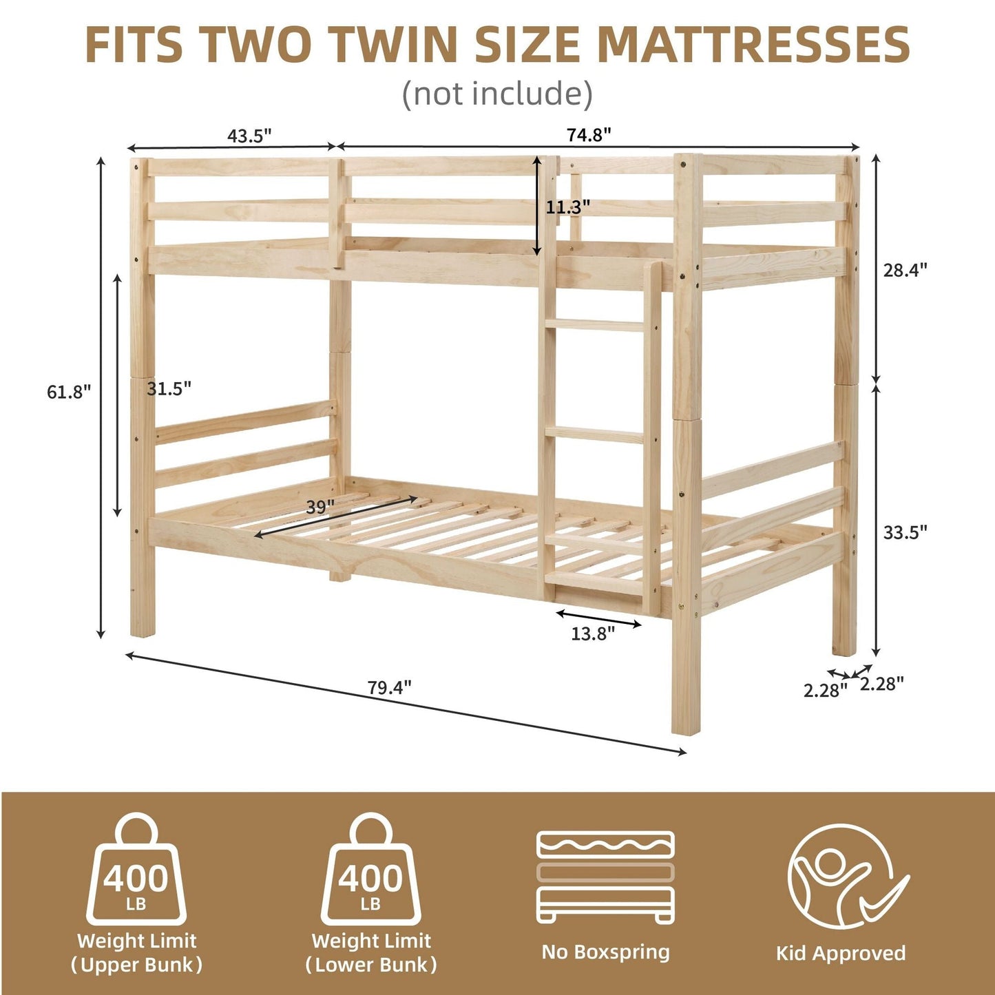 Heavy-Duty Twin Over Twin Wood Bunk Bed, Natural with Thick Posts, Ladder, and High Guardrail | Just Better Bunk Beds
