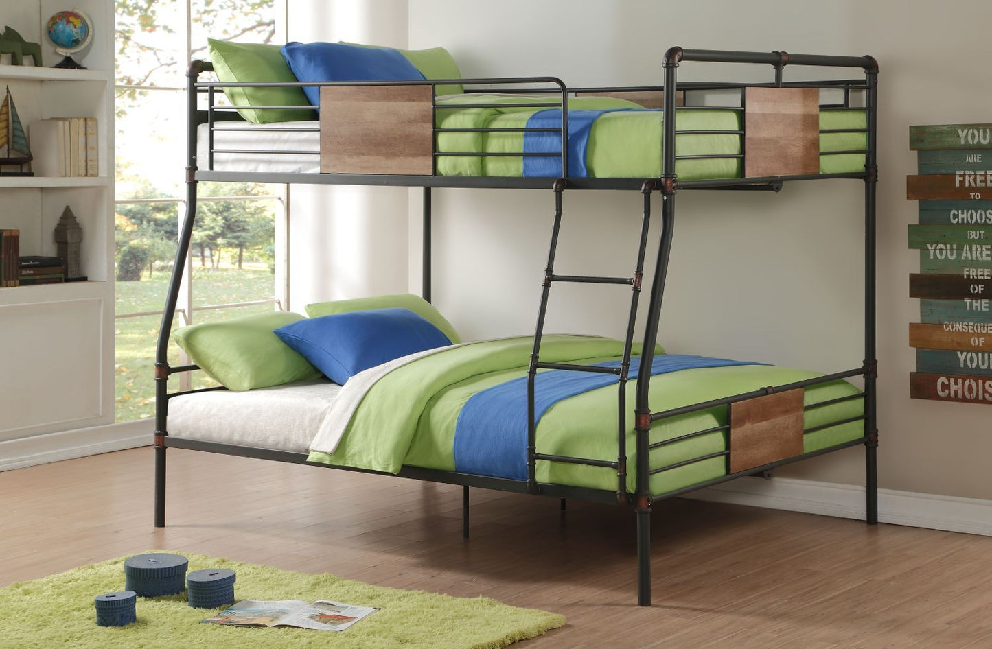 House-Style Full XL Over Queen Wood Bunk Bed Black and Dark Bronze Hand-Brushed Finish | Just Better Bunk Beds
