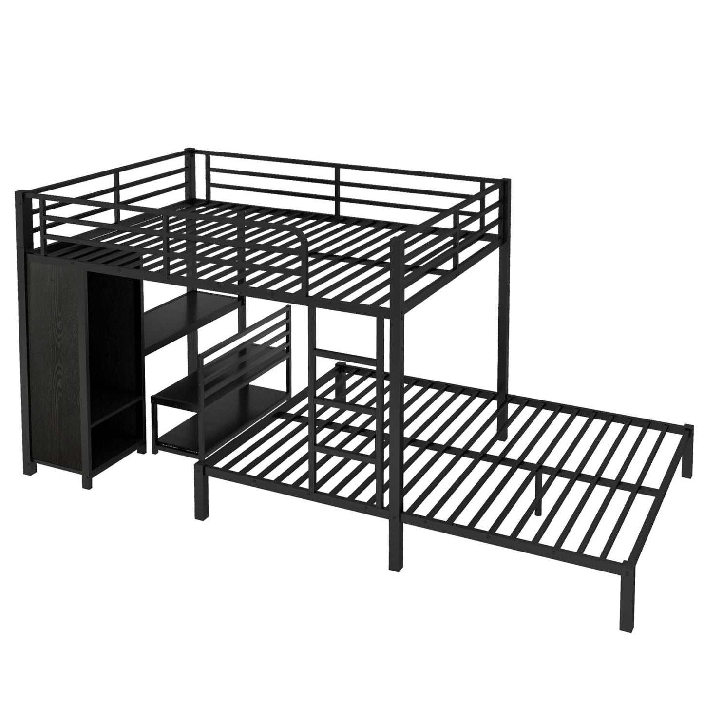 Shared Room Solution Queen Over Queen Metal Bunk Bed with Built-in Wardrobe, Desk, and Storage Chairs, Black | Just Better Bunk Beds