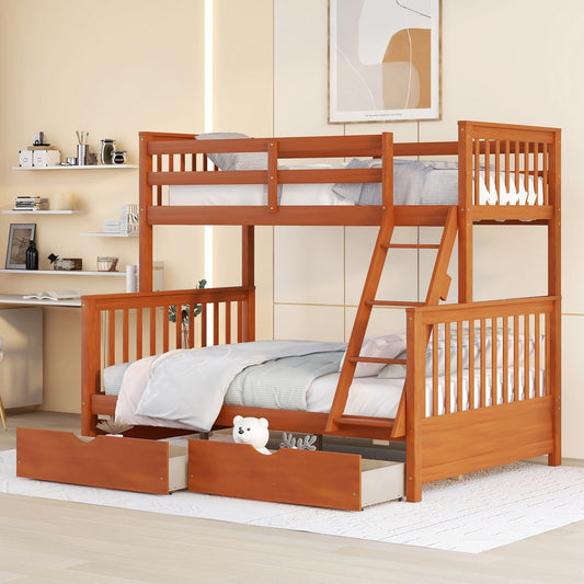 Space-Saving Twin Over Full Wood Bunk Bed with Ladders and Storage Drawers, Walnut | Just Better Bunk Beds