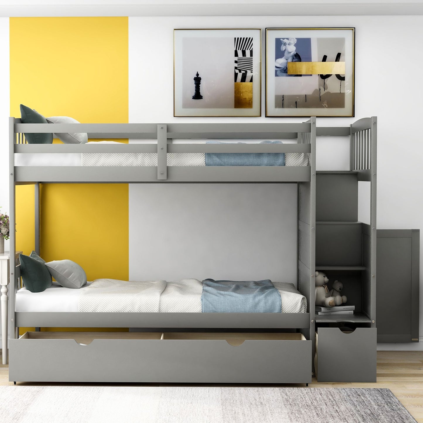 Convertible Twin Over Full/Twin Wood Bunk Bed with Storage Shelves and Drawers, Gray | Just Better Bunk Beds