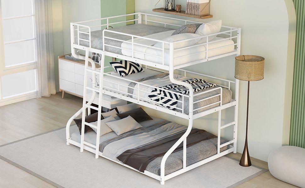 Heavy-Duty Full XL Over Twin XL Over Queen Triple Wood Bunk Bed with Ladder, White | Just Better Bunk Beds