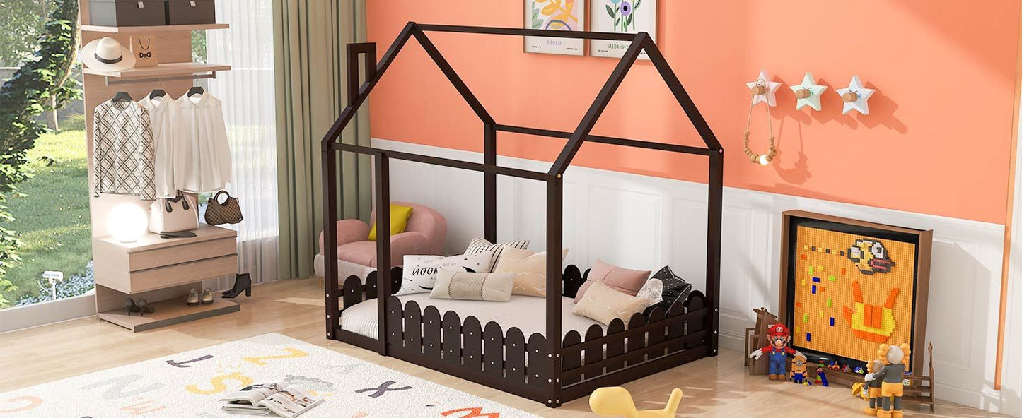 Kids Bedroom Full Wood Bed Frame with Protective Fence, White | Just Better Bunk Beds