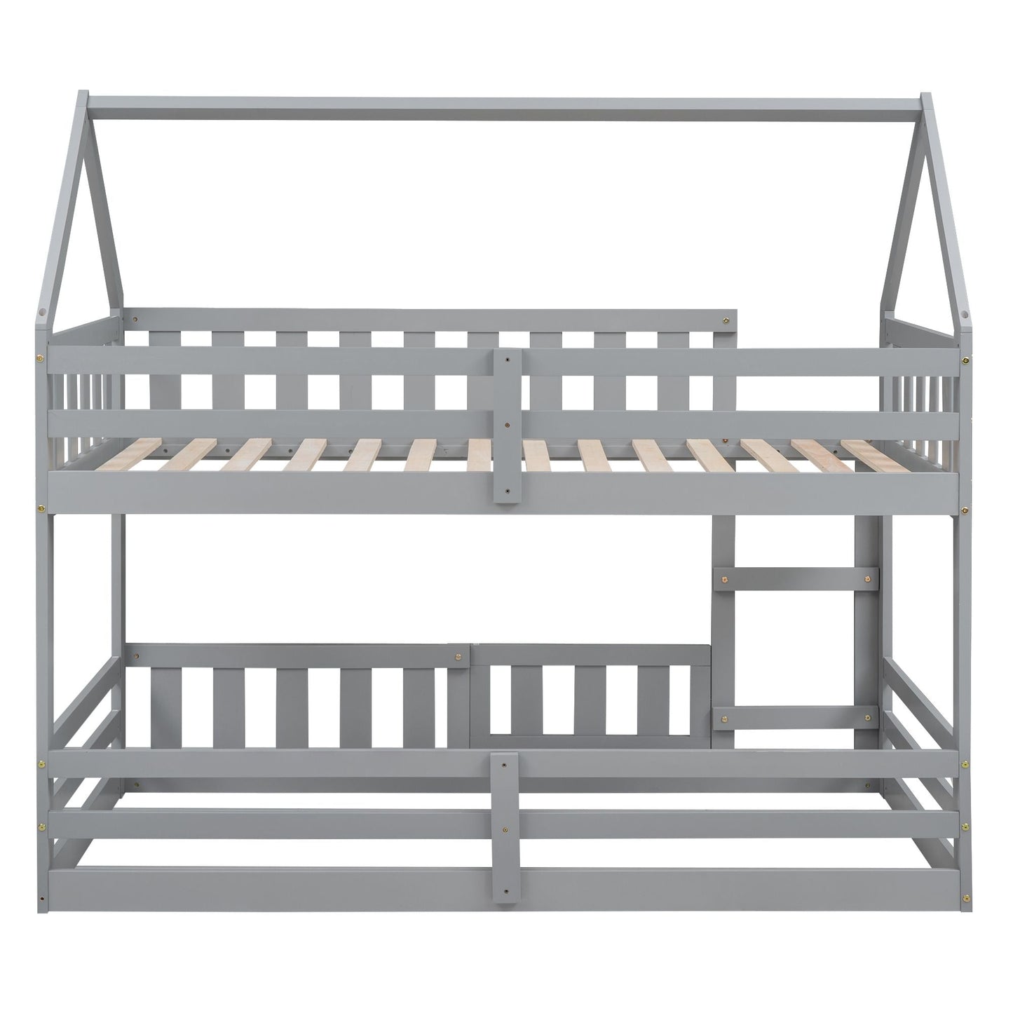 Kids Bedroom Twin Over Twin Wood House Bunk Bed with Fence and Door, Gray | Just Better Bunk Beds