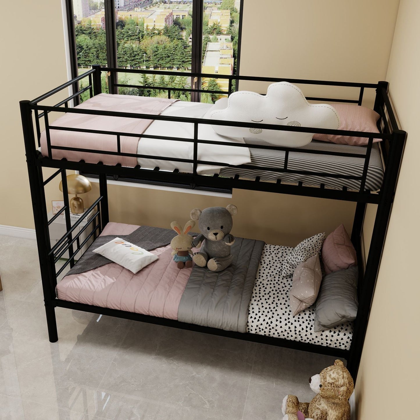 Shared Room Solution Twin Over Twin Metal Bunk Bed with Ladder and Guardrail, Convertible, Metal | Just Better Bunk Beds