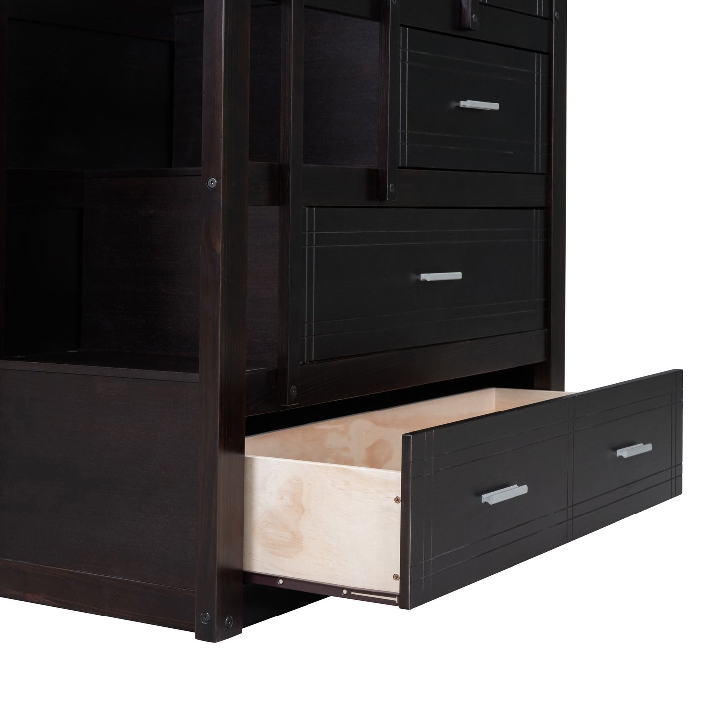 Shared Room Solution Twin Over Twin Wood Bunk Bed with Trundle and Staircase, Espresso | Just Better Bunk Beds