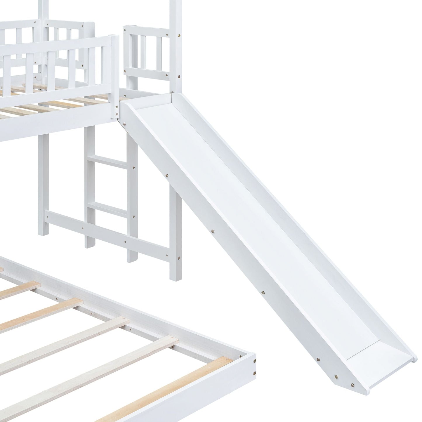 Twin over Full House Bunk Bed with Slide and Built-in Ladder,  Full-Length Guardrail