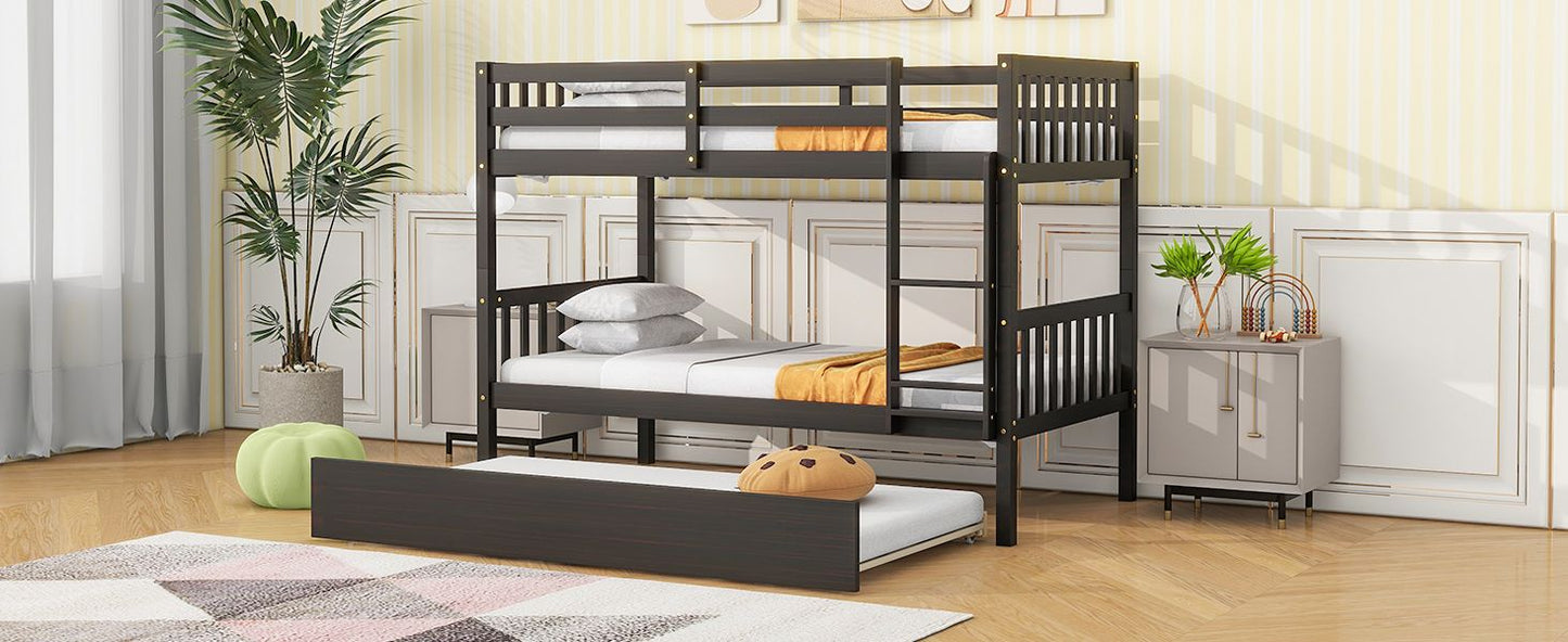 Convertible Twin Over Twin Rubber Wood Bunk Bed with Trundle, Ladder and Safety Guardrails, Espresso | Just Better Bunk Beds