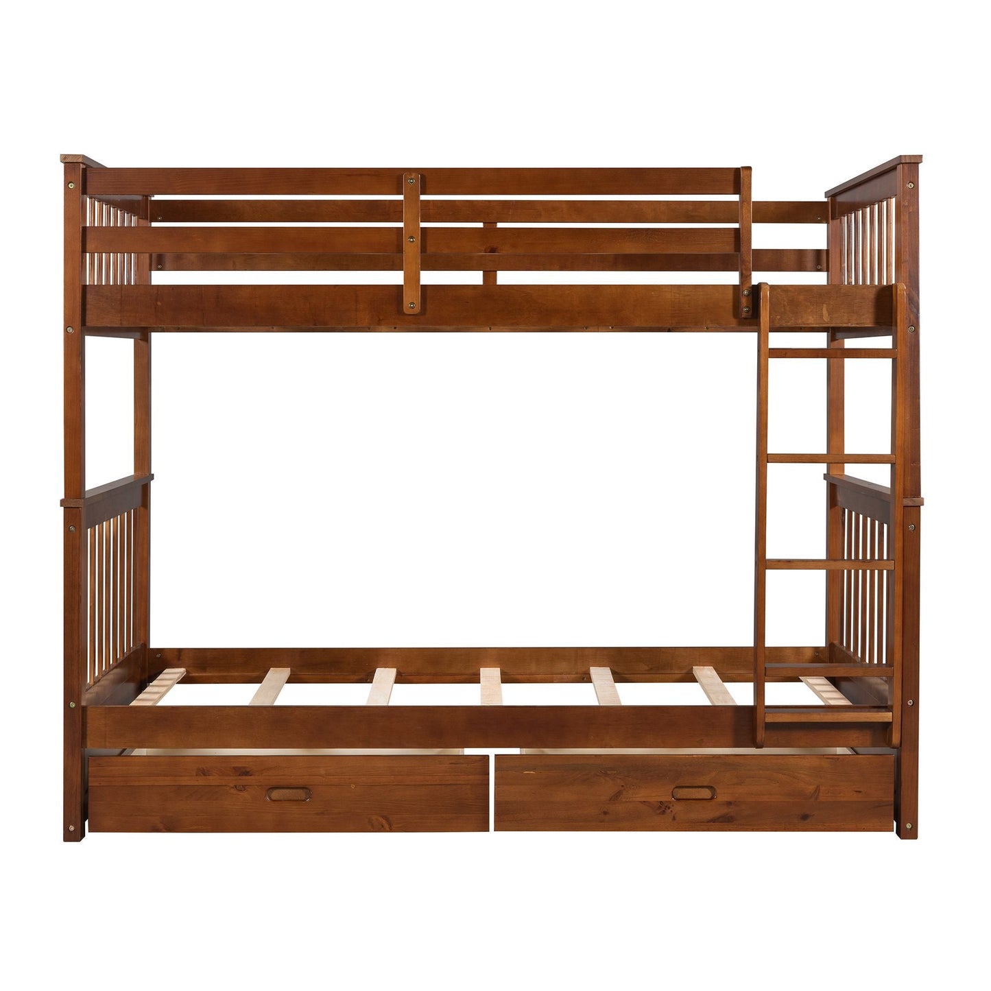 Kids Bedroom Twin Over Twin Wood Bunk Bed with Ladders and Two Storage Drawers, Walnut | Just Better Bunk Beds