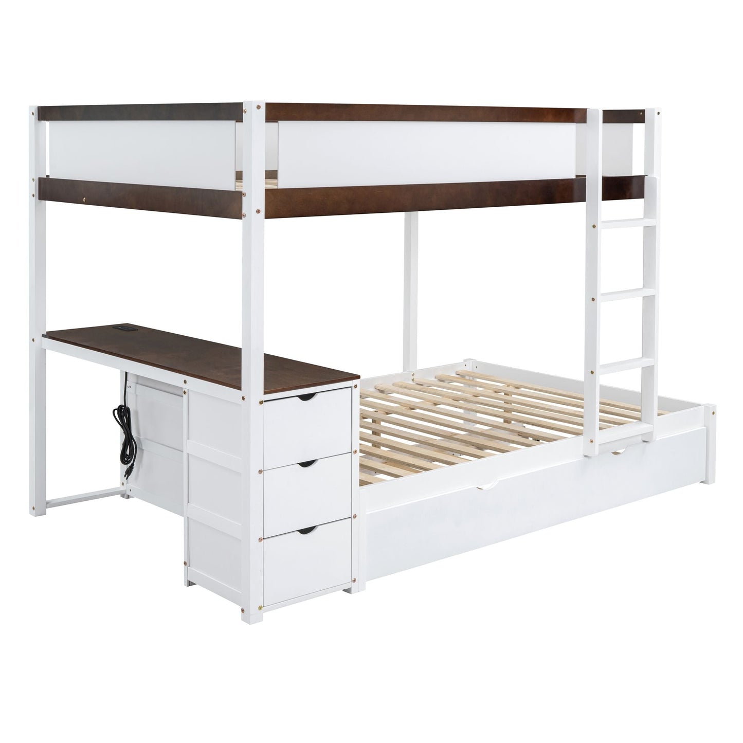 Shared Room Solution Full Over Full Wood Bunk Bed with Twin Trundle, Storage, Desk, White Walnut | Just Better Bunk Beds
