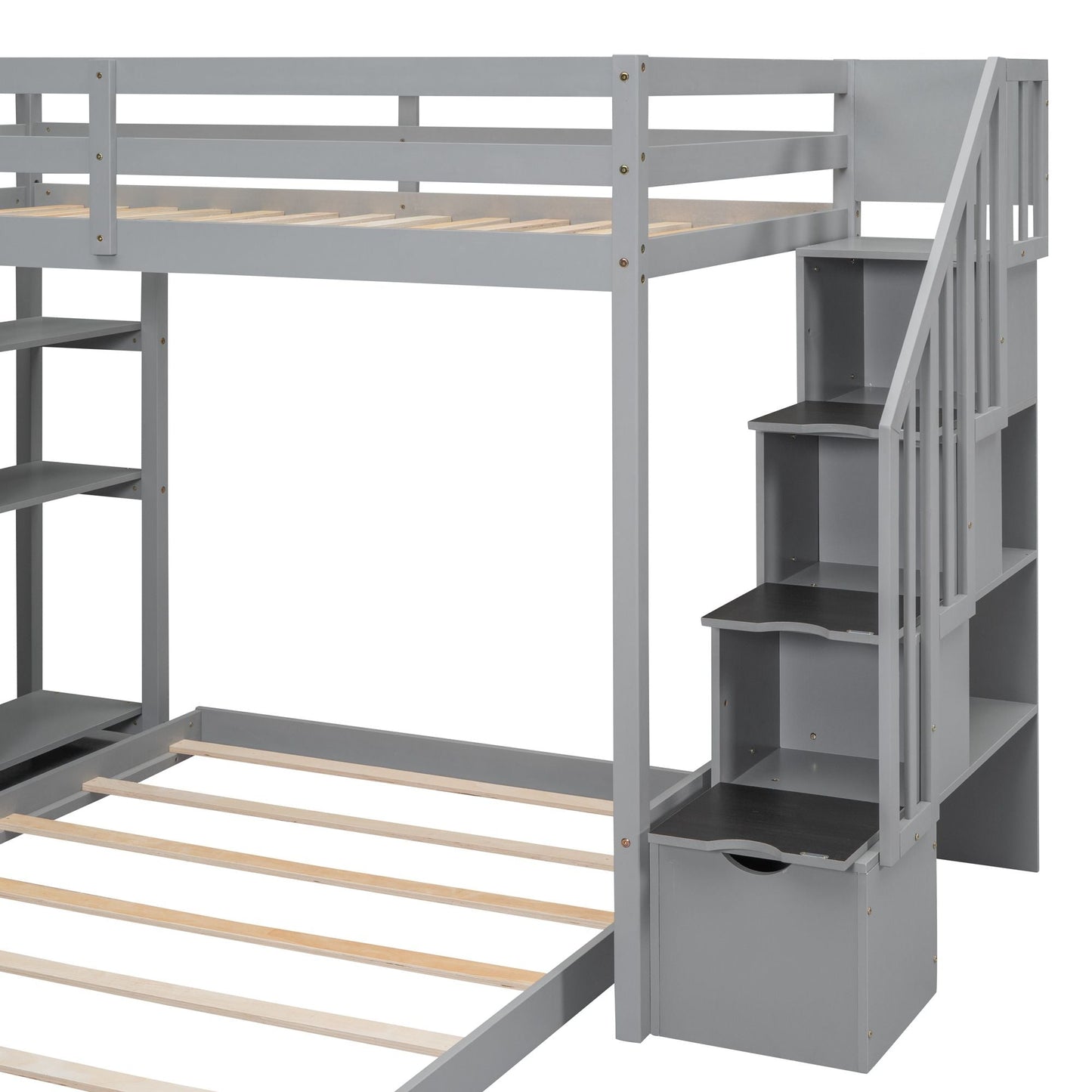 Staircase Storage Twin Over Full Wood Bunk Bed with Shelves and Drawers, Gray | Just Better Bunk Beds