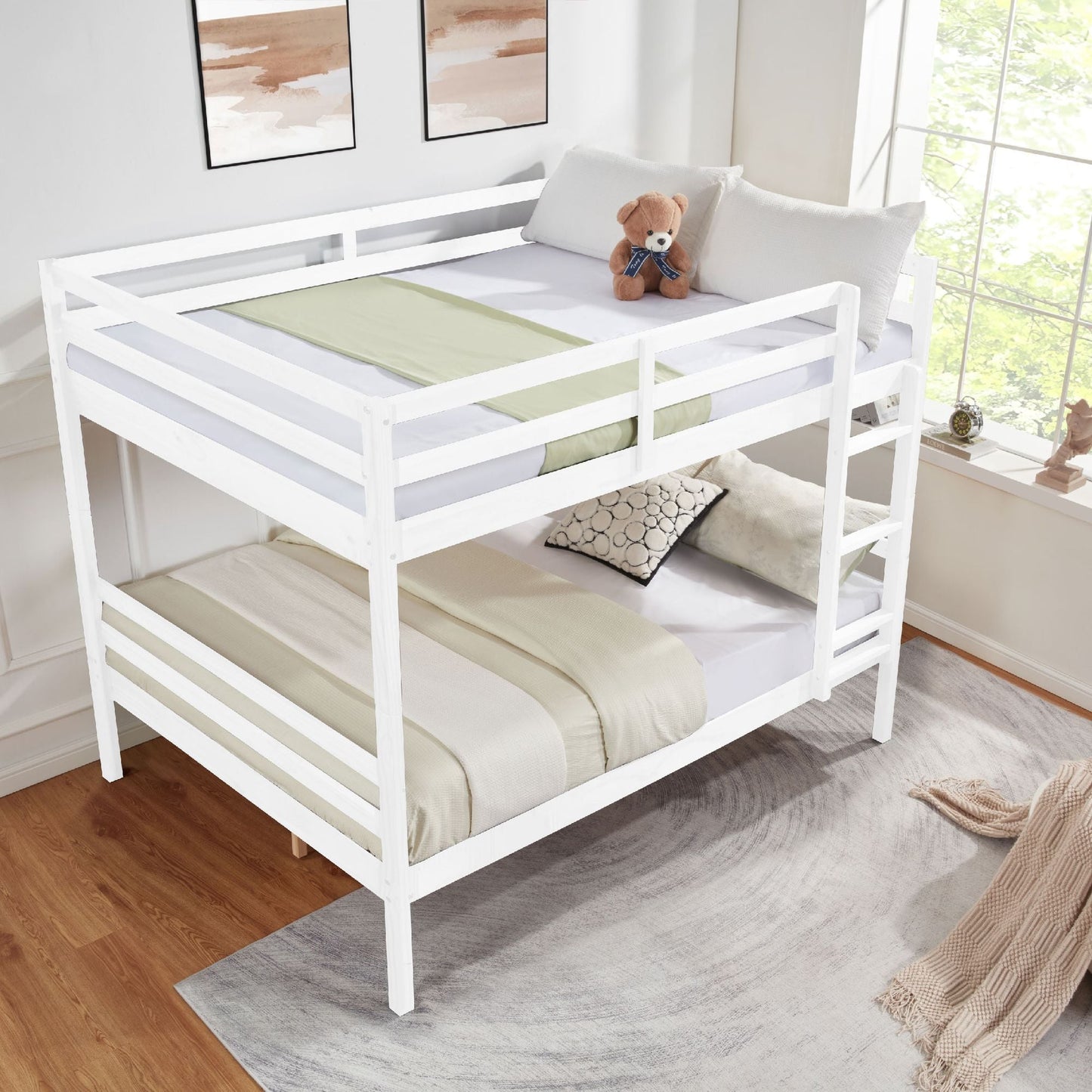 Dorm Room Full Over Full Wood Bunk Bed with Ladder and Guardrail, White | Just Better Bunk Beds