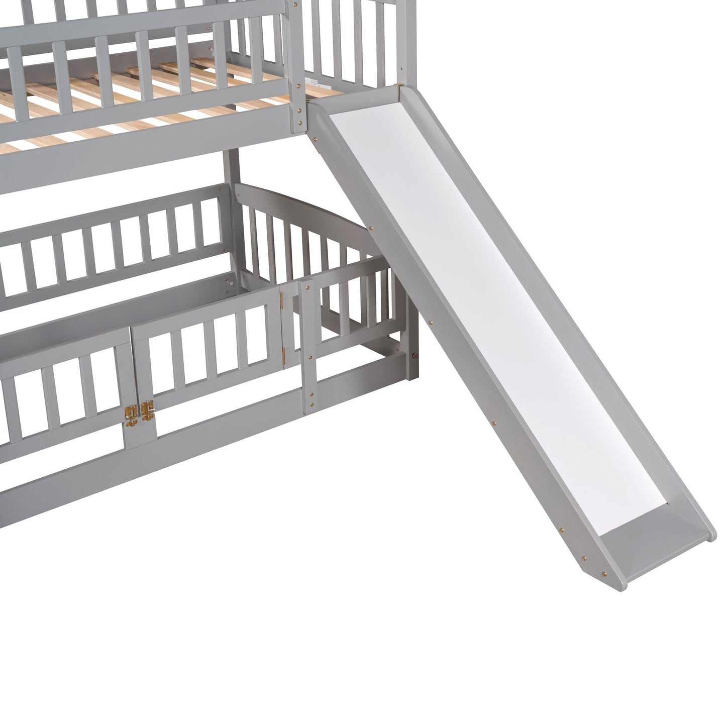 Safe Twin Over Twin Wood Low Bunk Bed with Slide, White with Fence and Ladder | Just Better Bunk Beds