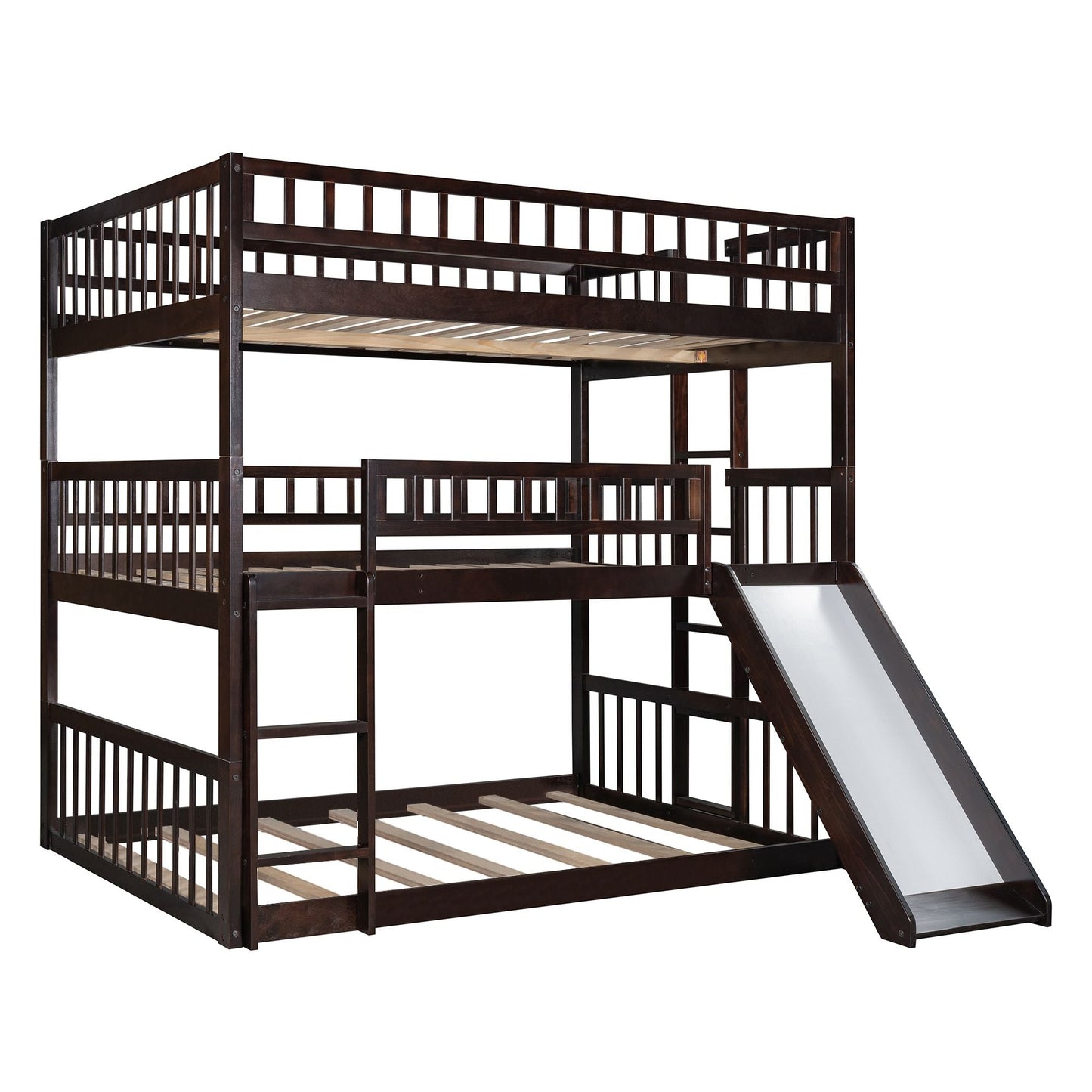 Shared Room Solution Full Over Full Over Full Wood Triple Bunk Bed with Ladder, Slide, Guardrails, Espresso | Just Better Bunk Beds