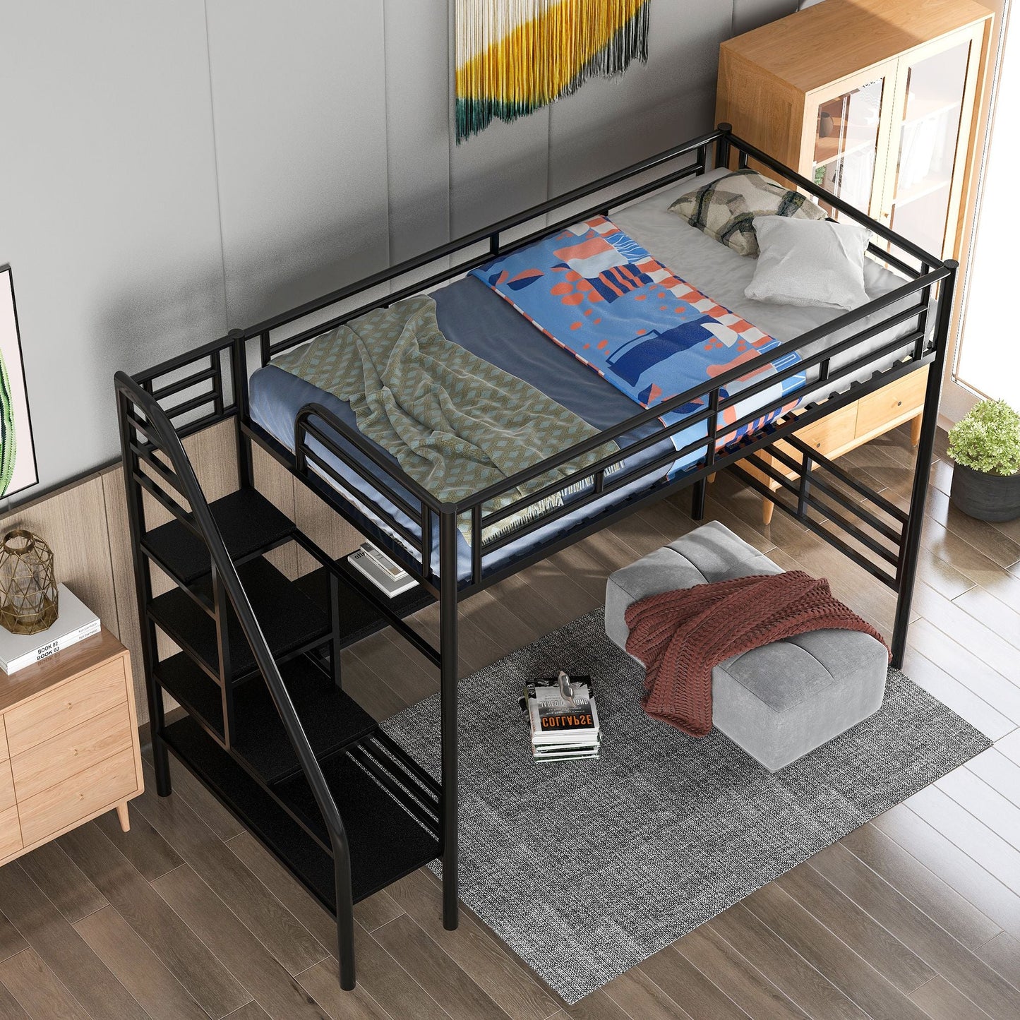 Space-Saving Compact Twin Metal Loft Bed with Desk, No Box Spring Needed, Easy Assembly, Black | Just Better Bunk Beds