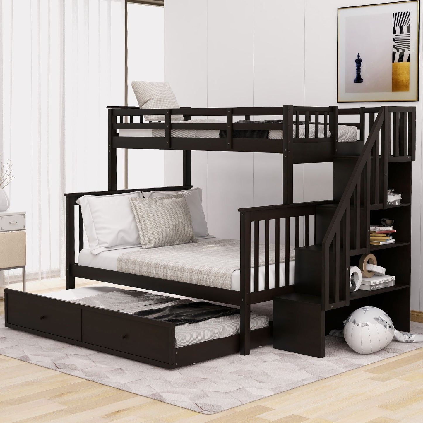 Twin-Over-Full Bunk Bed with Twin size Trundle,  Storage and Guard Rail for Bedroom,  Dorm,  for Adults,  Espresso