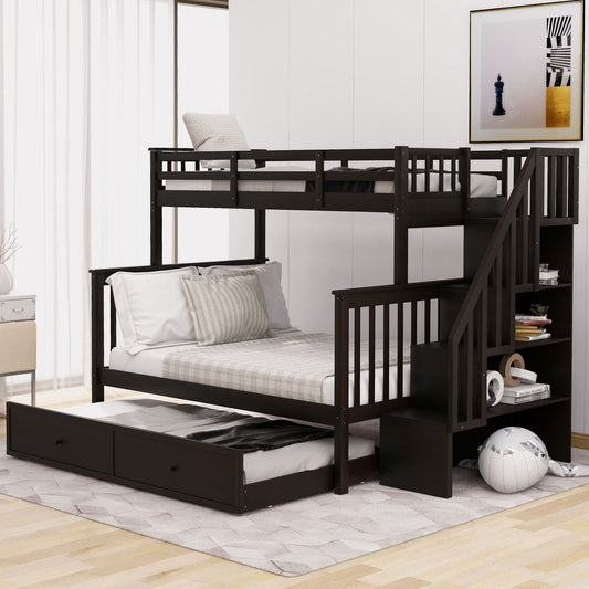 Twin-Over-Full Bunk Bed with Twin size Trundle,  Storage and Guard Rail for Bedroom,  Dorm,  for Adults,  Espresso