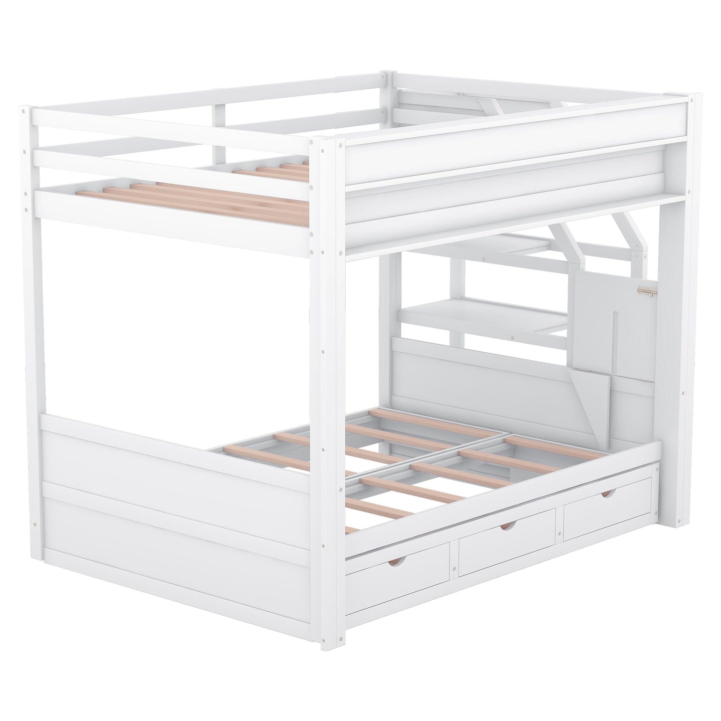 Convertible Full Wood Bunk Bed with Storage Staircase, Bedside Table, 3 Drawers, White | Just Better Bunk Beds
