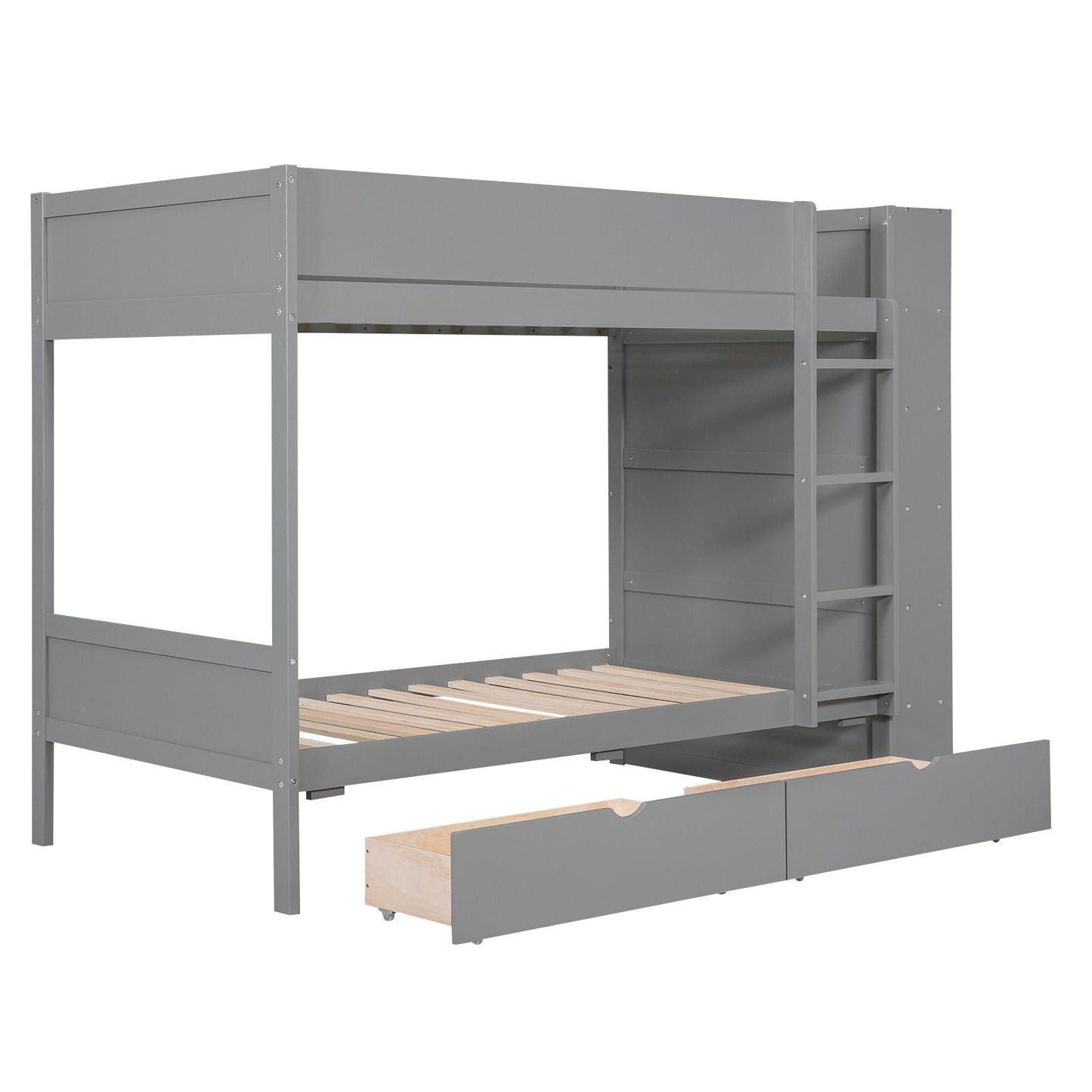 Twin over Twin Bunk Bed With 2 Drawers and Multi-layer Cabinet,  Gray