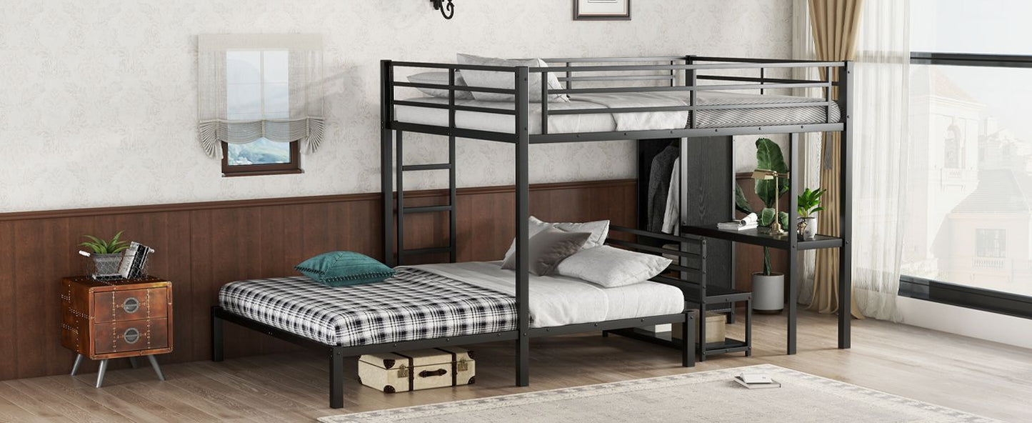 Shared Room Solution Queen Over Queen Metal Bunk Bed with Built-in Wardrobe, Desk, and Storage Chairs, Black | Just Better Bunk Beds