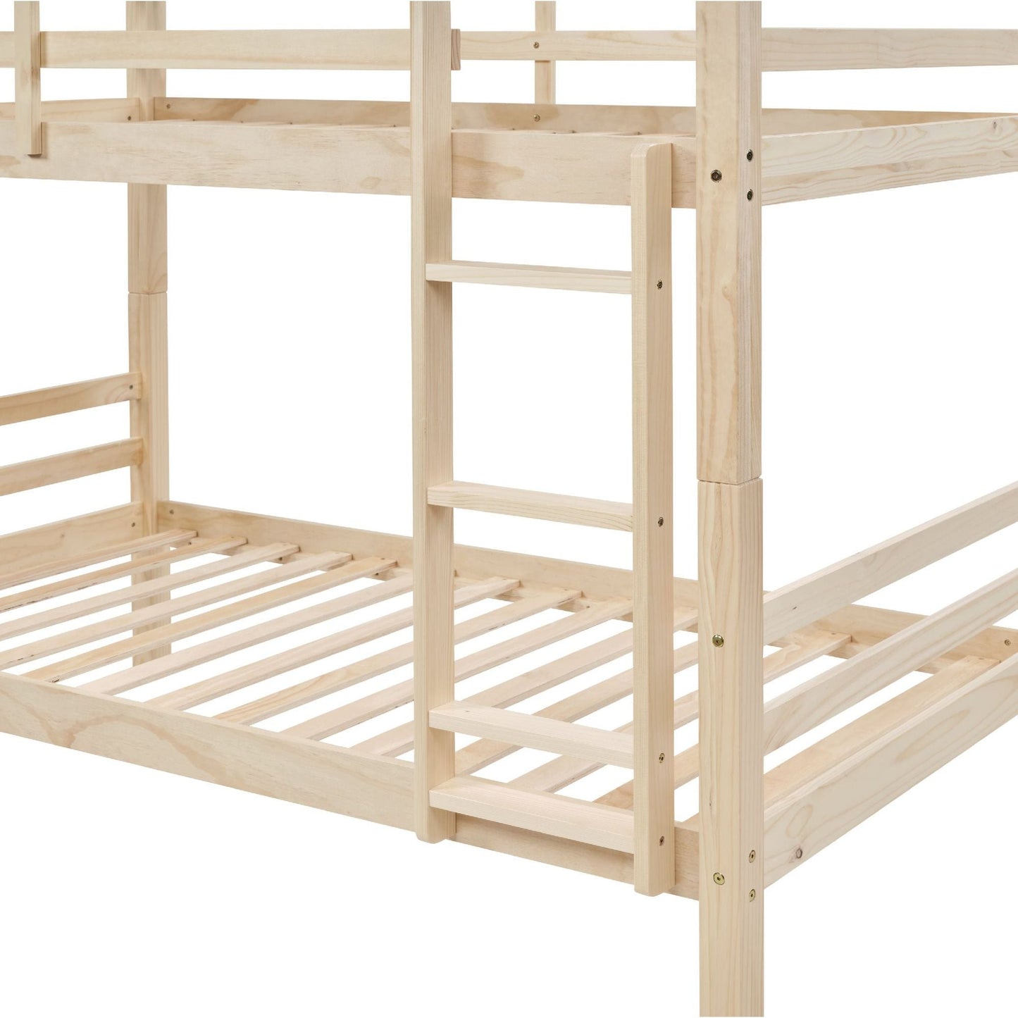 Heavy-Duty Twin Over Twin Wood Bunk Bed, Natural with Thick Posts, Ladder, and High Guardrail | Just Better Bunk Beds