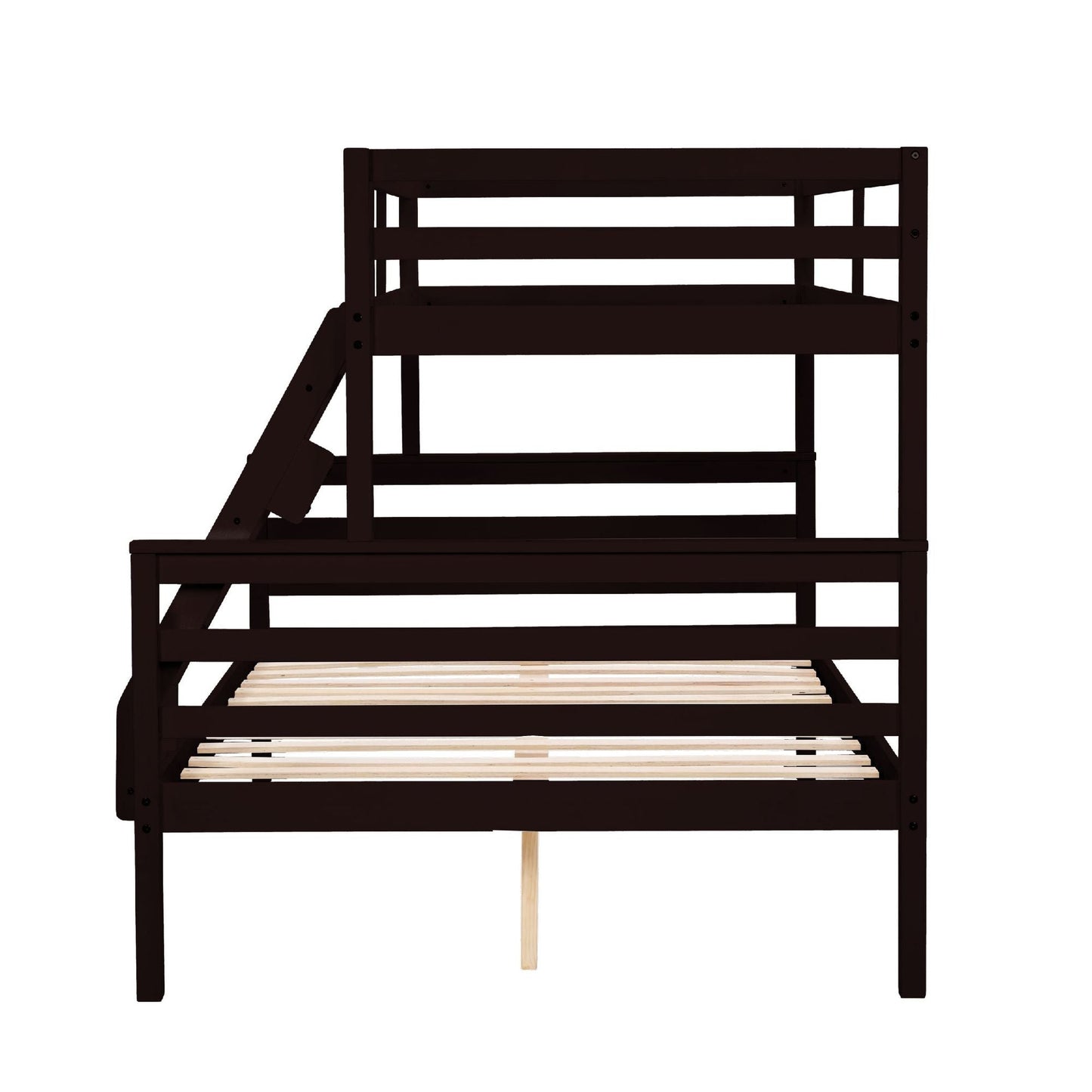 Dorm Room Twin Over Full Wood Bunk Bed with Ladder and Guardrail, Espresso | Just Better Bunk Beds