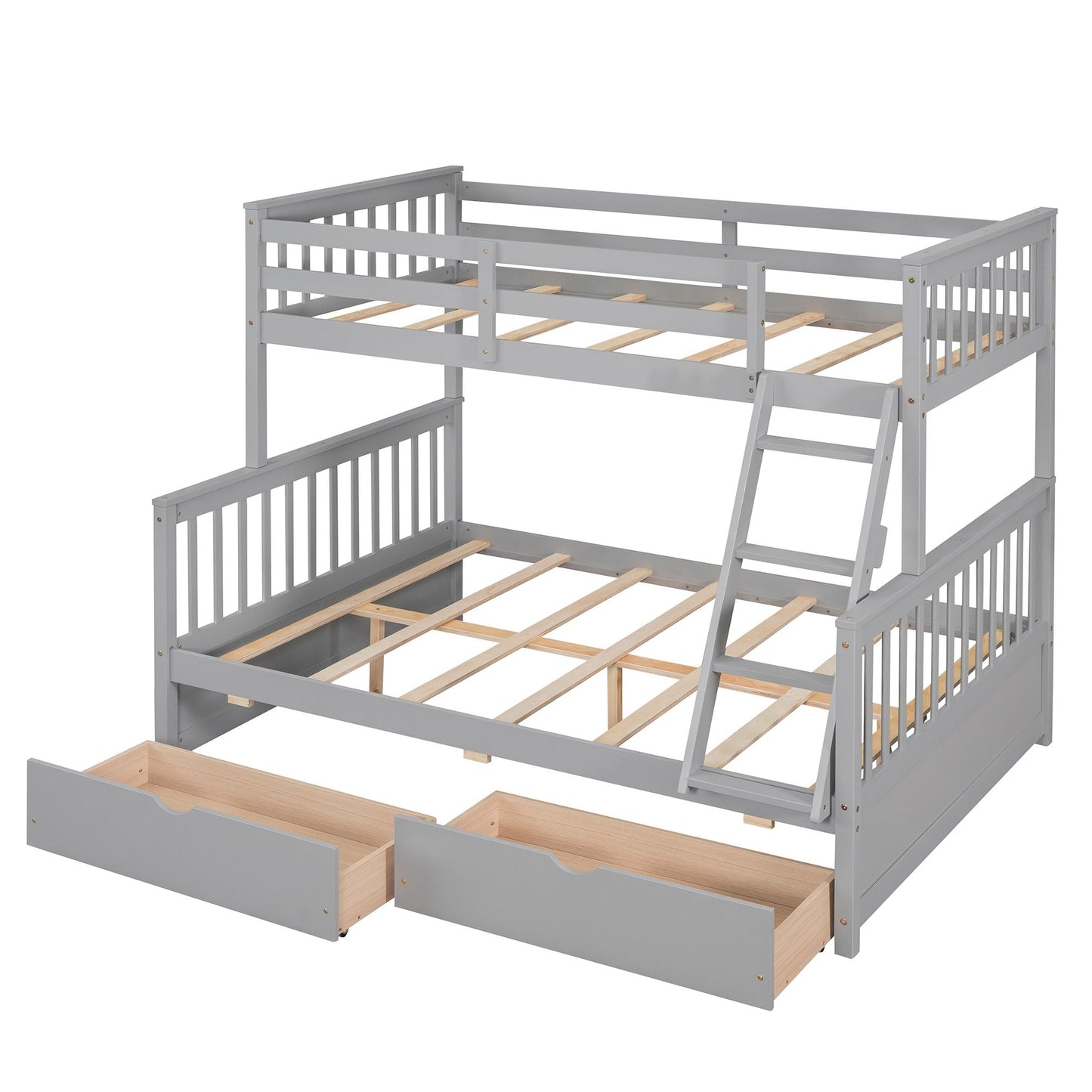 Kids Bedroom Twin Over Full Wood Bunk Bed with Ladders and Storage Drawers, Gray | Just Better Bunk Beds