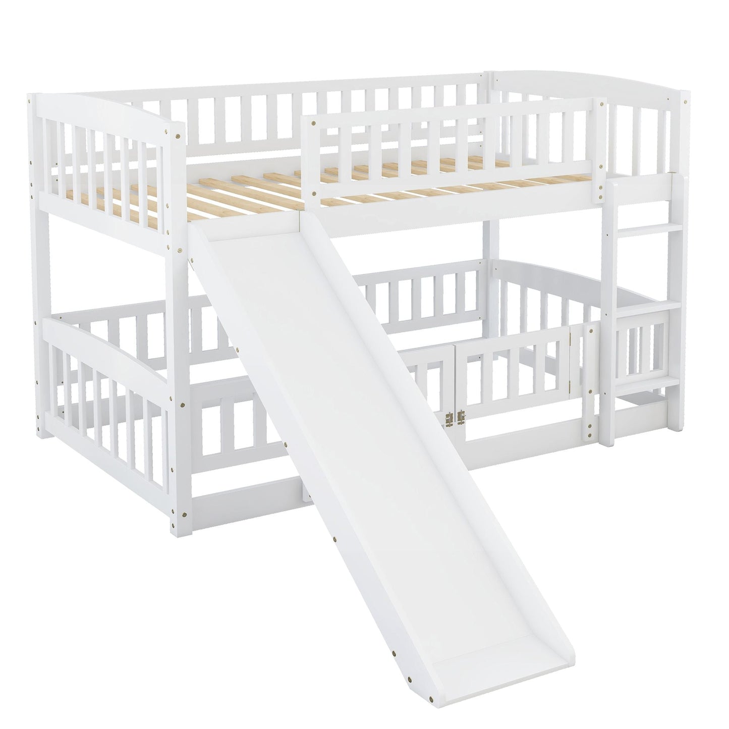Safe Twin Over Twin Wood Low Bunk Bed with Slide, White with Fence and Ladder | Just Better Bunk Beds