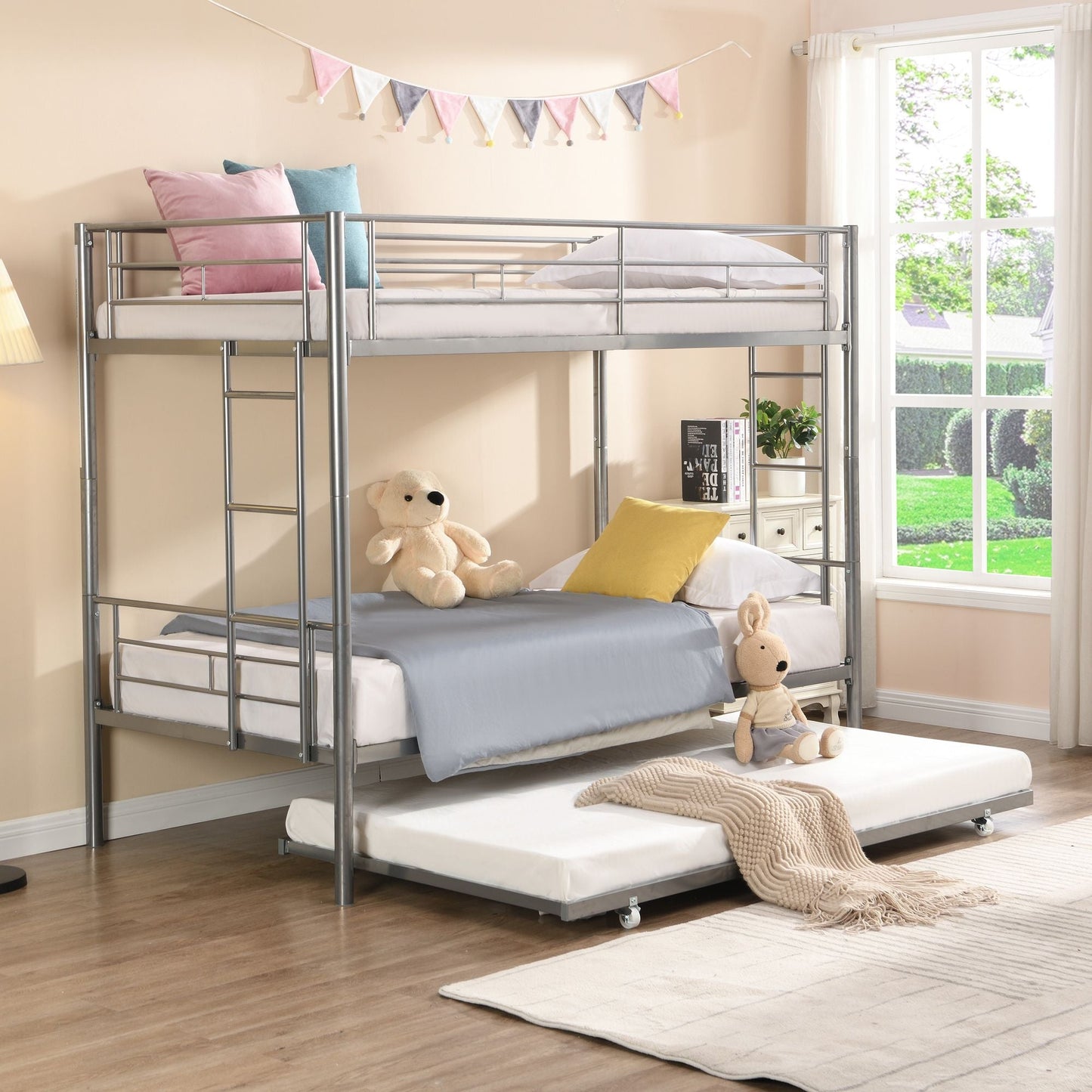 Heavy-Duty Twin Metal Bunk Bed with Trundle and Guard Rail, Multiple Colors | Just Better Bunk Beds