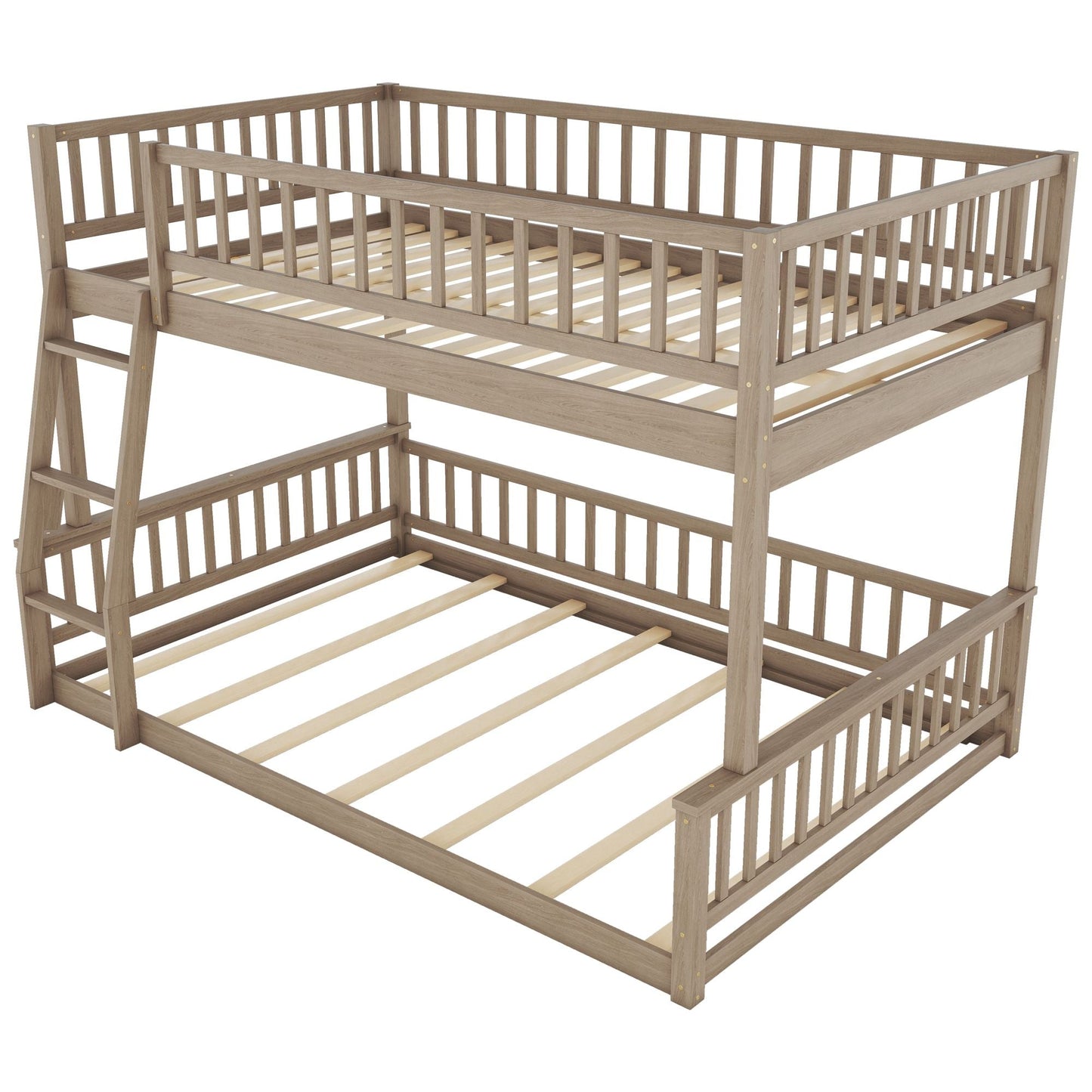 House-Style Full XL Over Queen Wood Bunk Bed with Ladder and Guardrails, Walnut | Just Better Bunk Beds