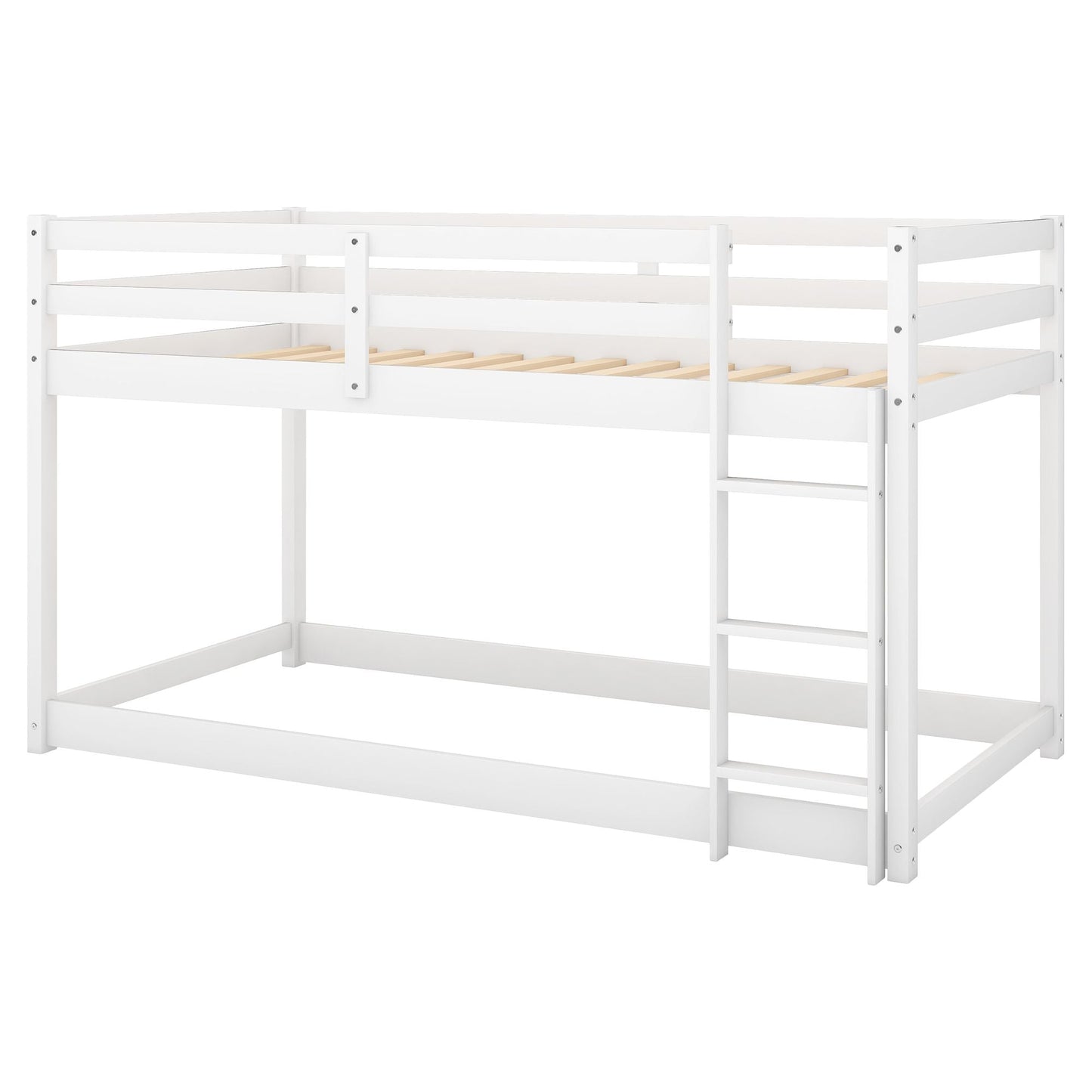 Kids Bedroom Twin Over Twin Wood Floor Bunk Bed with Ladder, White | Just Better Bunk Beds