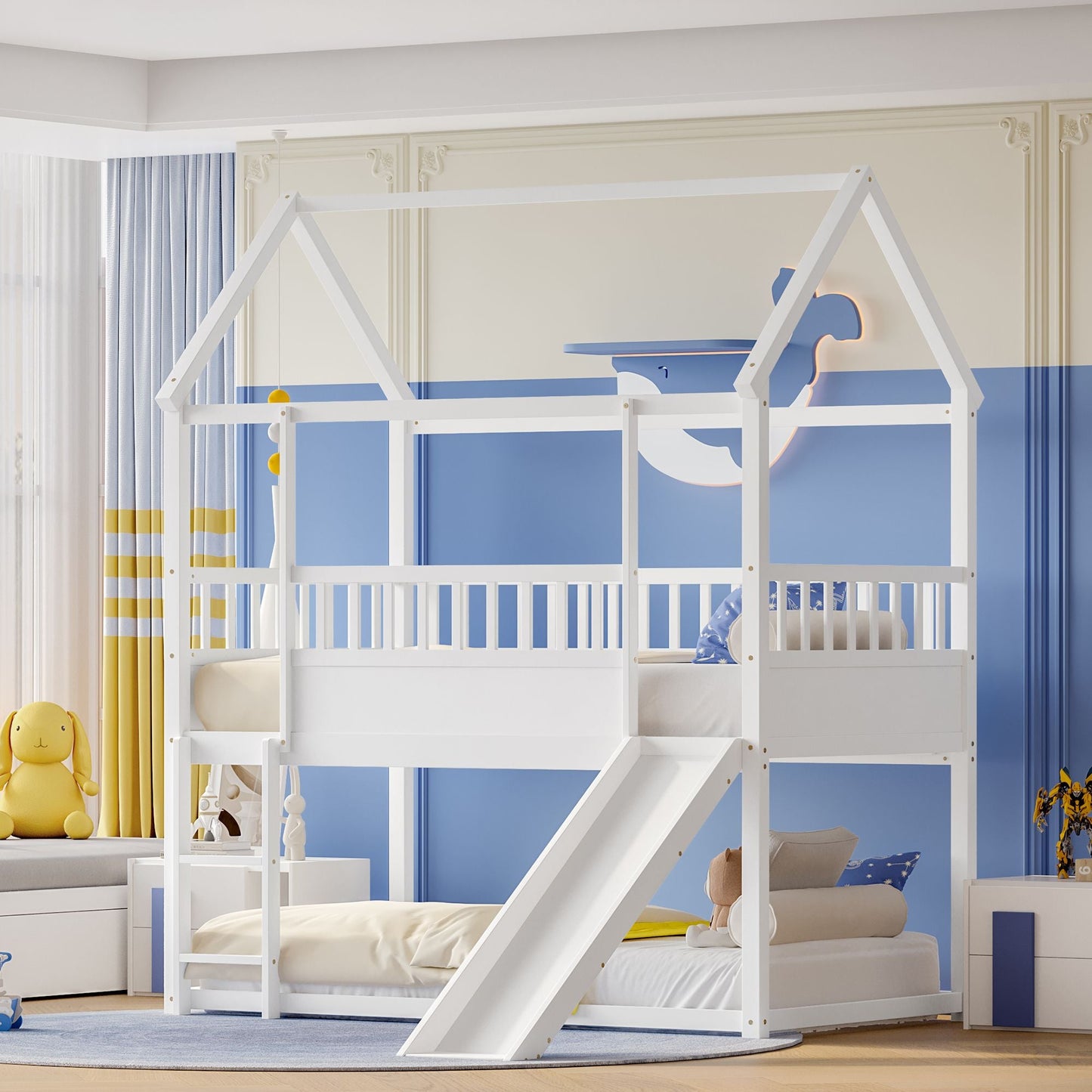 House-Style Twin Over Twin Wood Bunk Bed with Convertible Slide and Guardrail, White | Just Better Bunk Beds