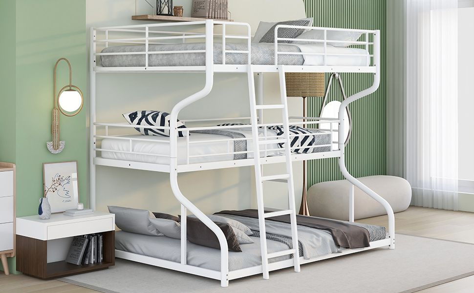 Heavy-Duty Full XL Over Twin XL Over Queen Triple Wood Bunk Bed with Ladder, White | Just Better Bunk Beds