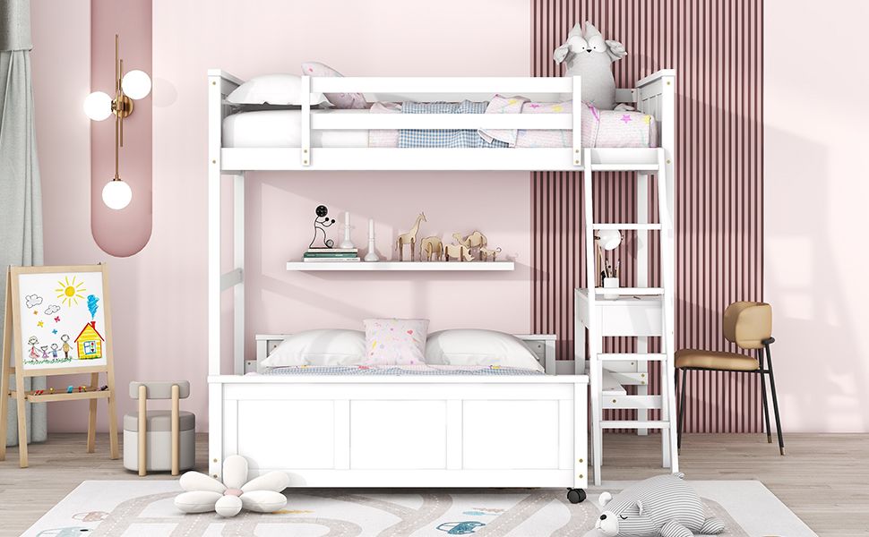 Study Space Twin Over Full Wood Bunk Bed with Desk, White | Just Better Bunk Beds