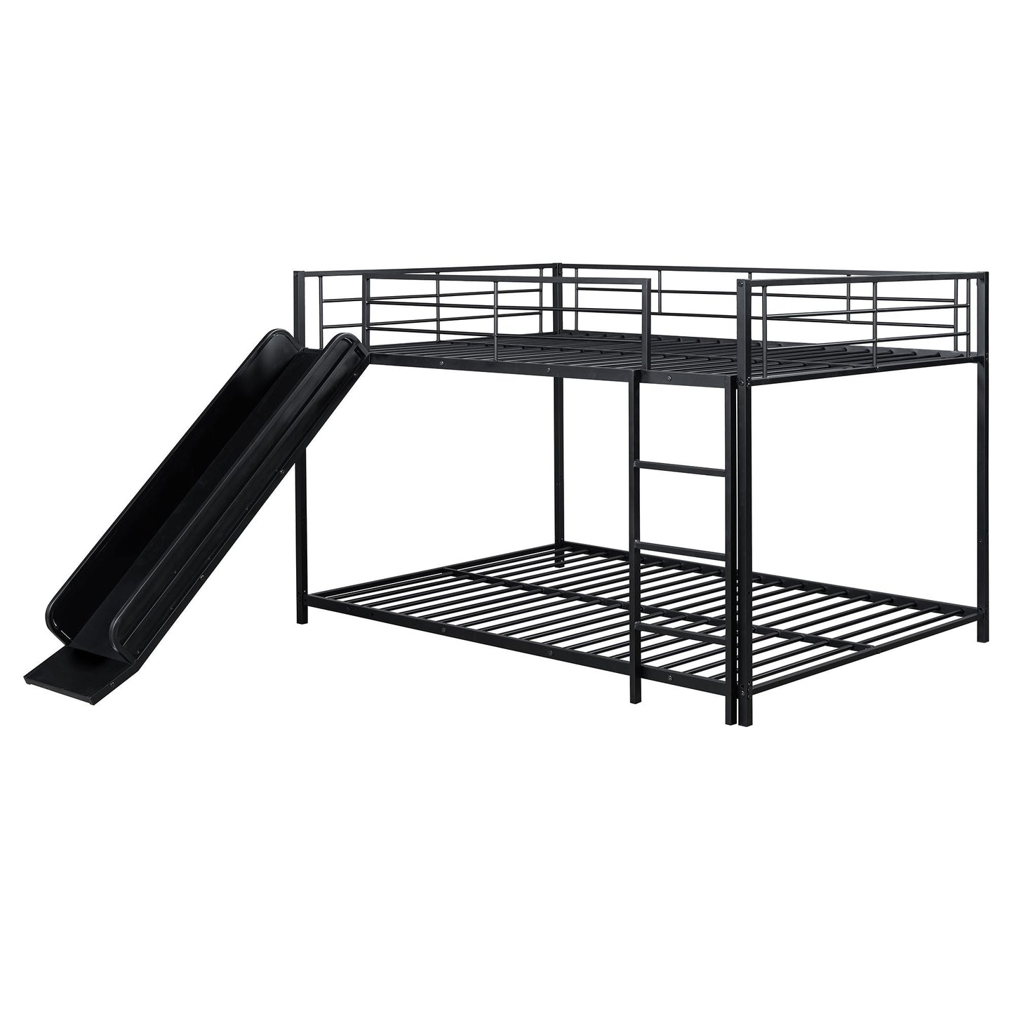 Full over Full Size Metal Bunk Bed with Slide and Guardrails,  Black