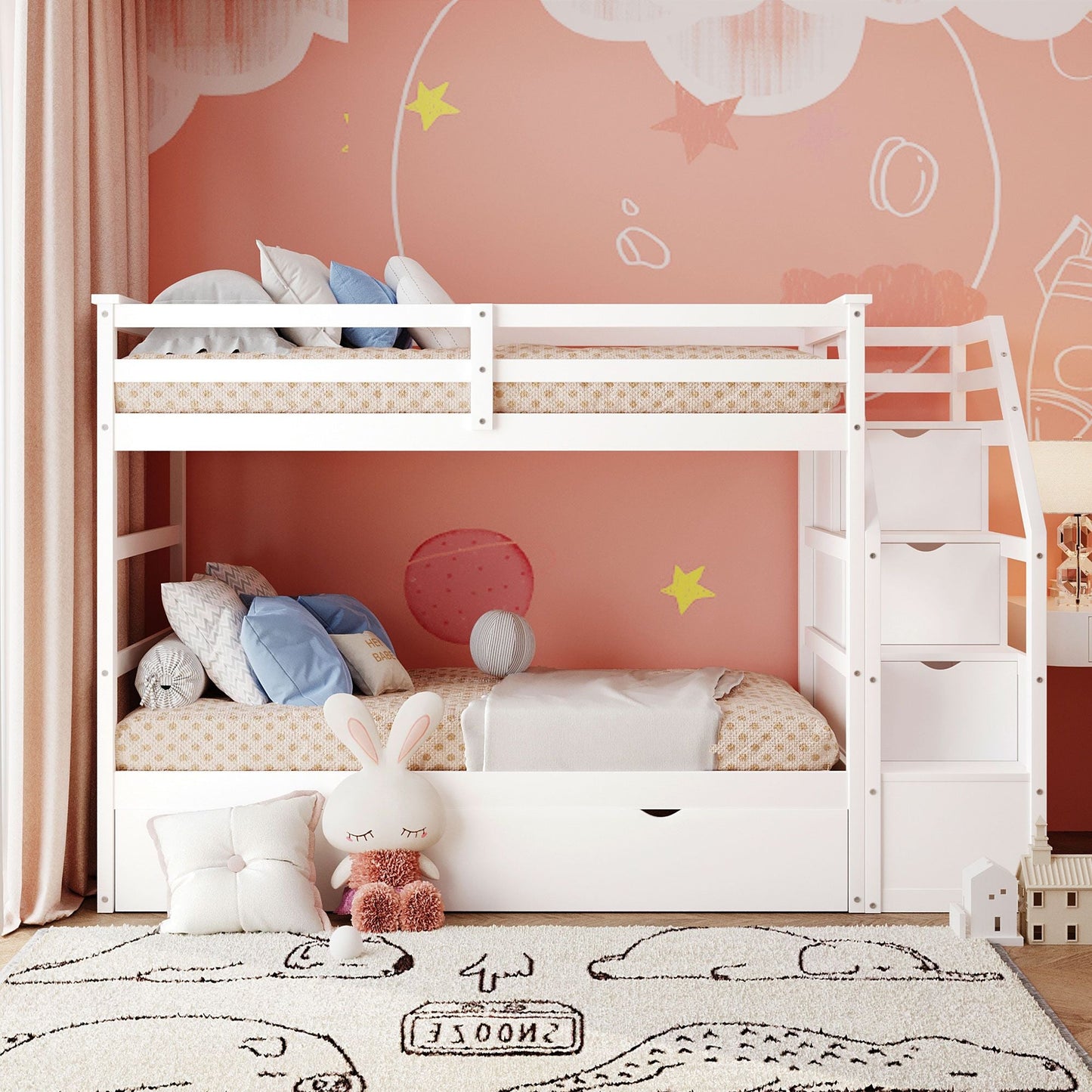 Twin-Over-Twin Bunk Bed with Twin Size Trundle and 3 Storage Stairs,  White