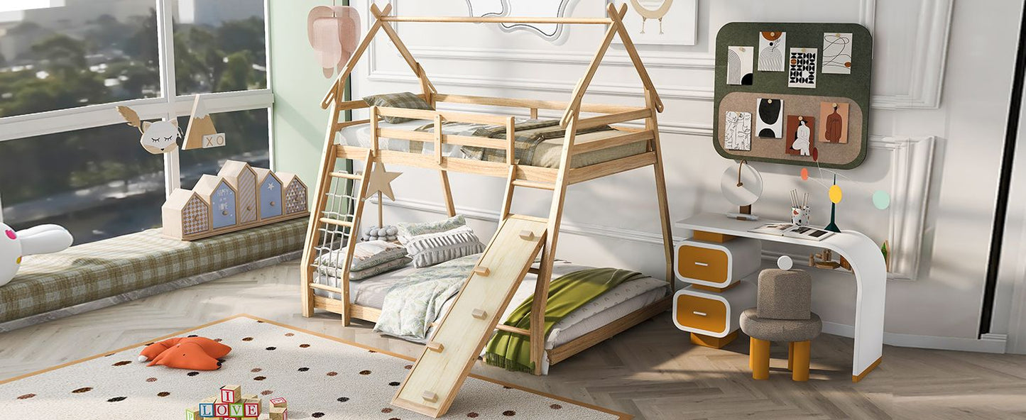 Shared Room Solution Twin Over Queen Wood House Bunk Bed with Climbing Nets and Ramp, Natural | Just Better Bunk Beds