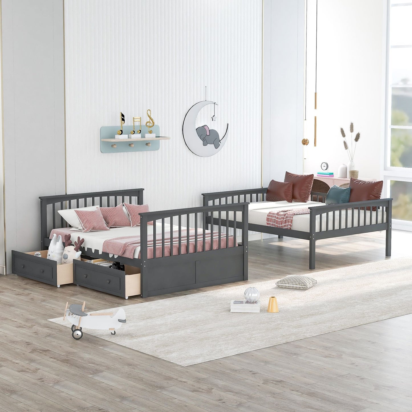 Convertible Full Over Full Wood Bunk Bed with Drawers, Gray | Just Better Bunk Beds