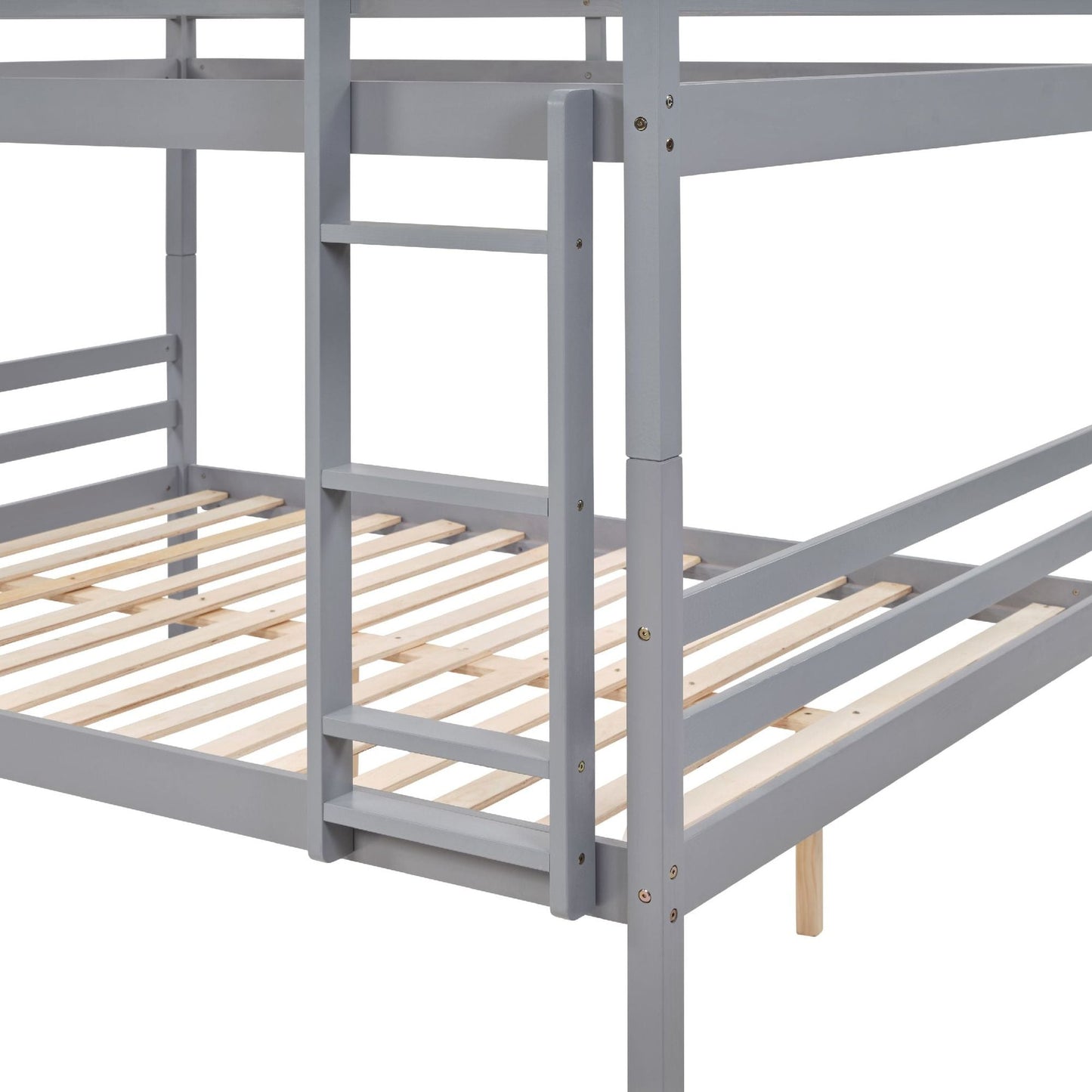 Space-Saving Full Over Full Wood Bunk Bed, Gray with Ladder and High Guardrail | Just Better Bunk Beds