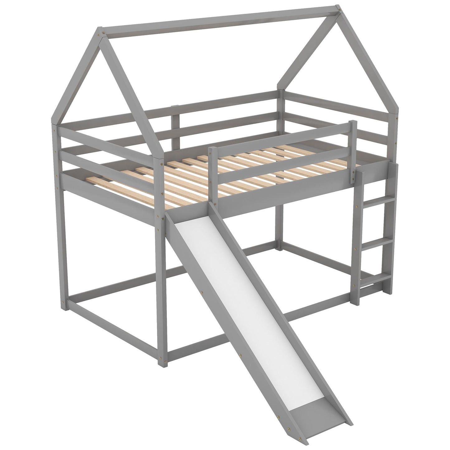 Twin Size Bunk House Bed with Slide and Ladder, Gray