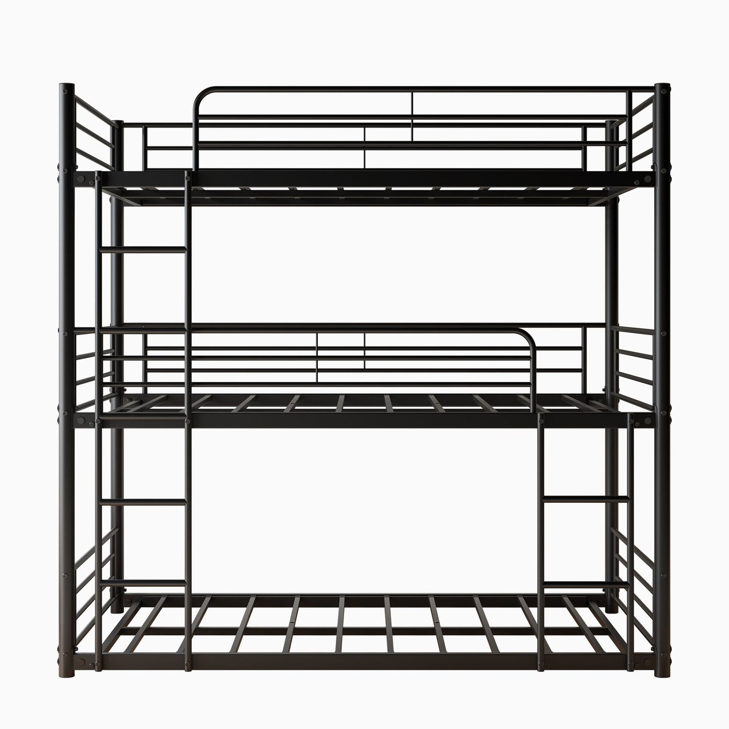 Heavy-Duty Triple Twin Over Twin Over Twin Metal Bunk Bed with Platform Frame and Guard Rail, Black | Just Better Bunk Beds