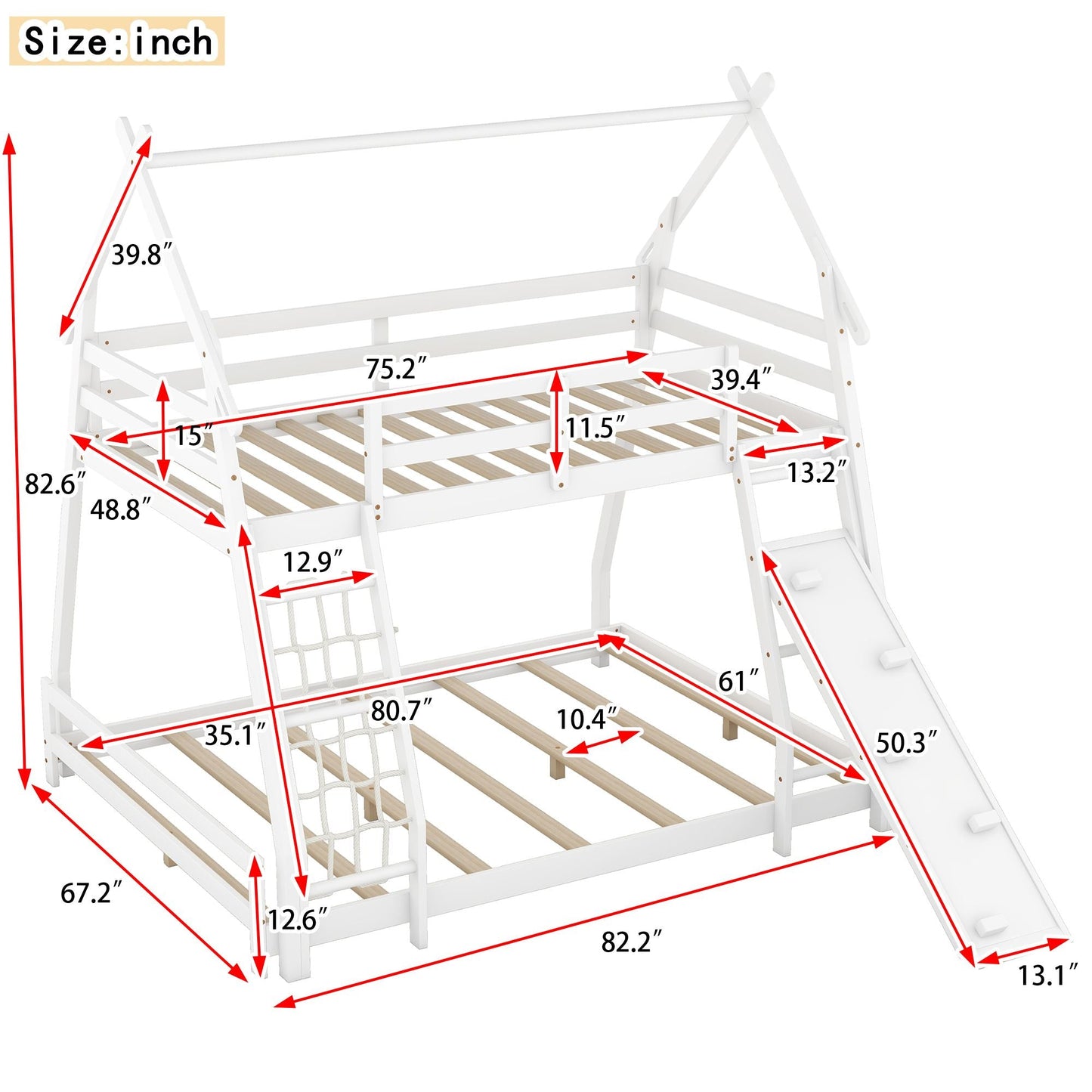 House-Style Twin Over Queen Wood Bunk Bed with Climbing Nets and Ramp, White | Just Better Bunk Beds