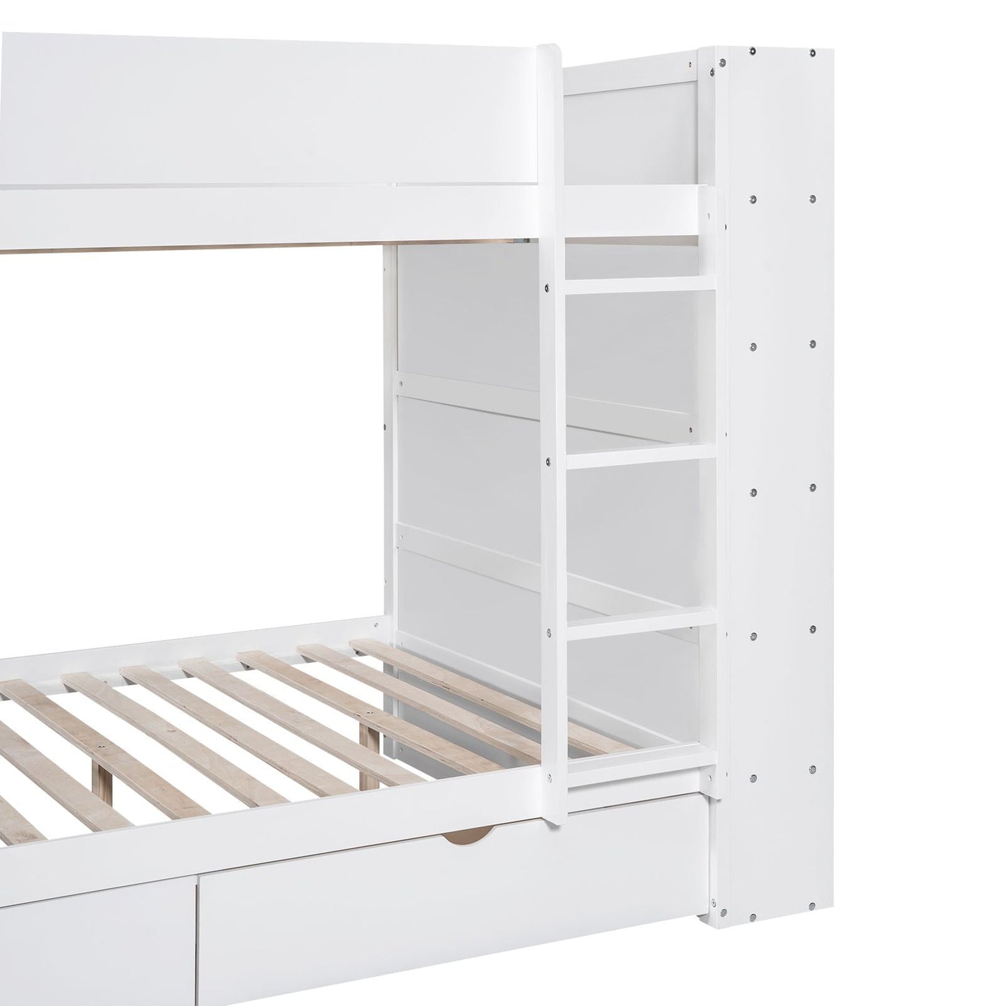 Organized Full Over Full Wood Bunk Bed with 2 Drawers and Multi-Layer Cabinet, White | Just Better Bunk Beds