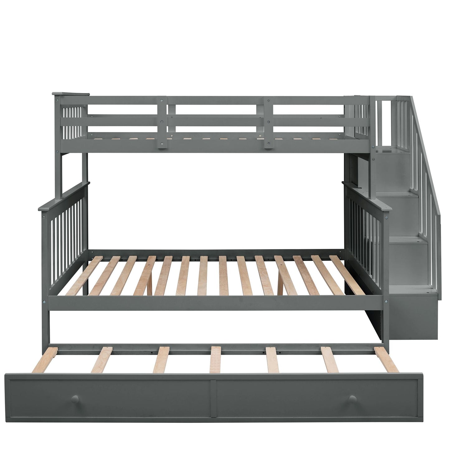 Stairway Twin-Over-Full Bunk Bed with Twin size Trundle,  Storage and Guard Rail for Bedroom,  Dorm,  for Adults,  Gray
