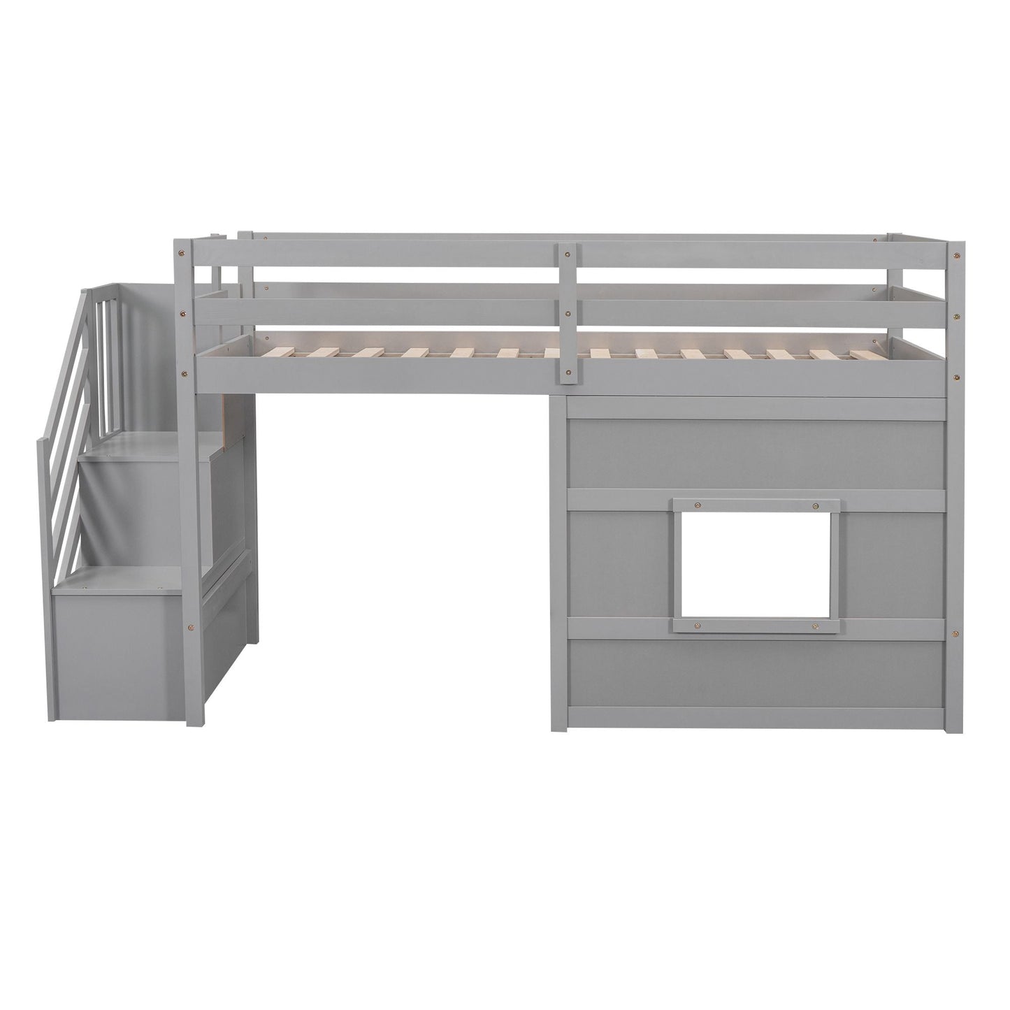 Space-Saving Twin Loft Wood Bed with Storage Staircase and Window, White | Just Better Bunk Beds