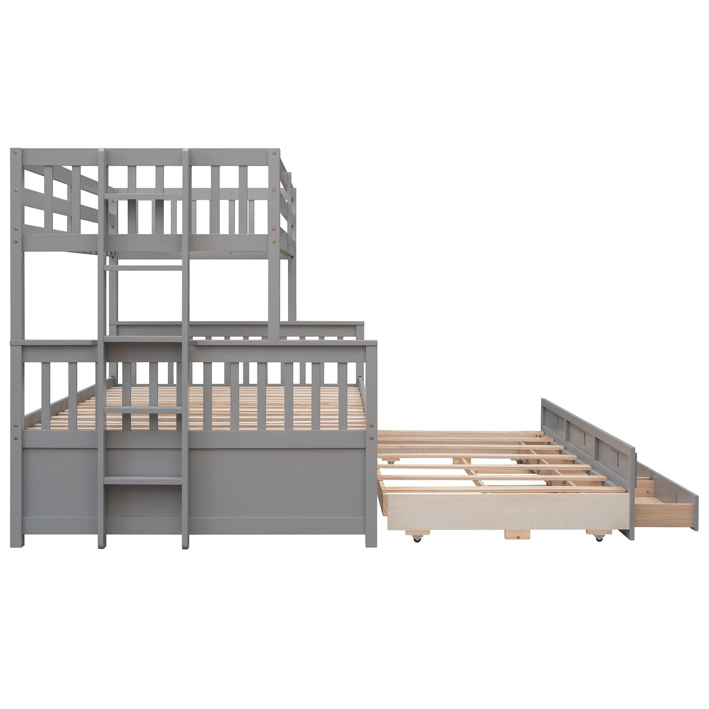 Space-Saving Twin Over Full Wood Bunk Bed with Twin Trundle and Drawers, Gray | Just Better Bunk Beds