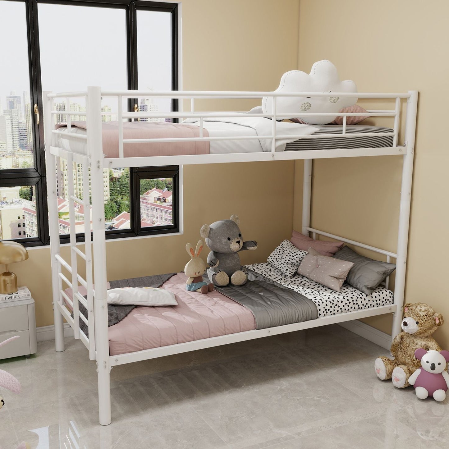 Convertible Twin Over Twin Metal Bunk Bed with Ladder and Guardrail, Metal | Just Better Bunk Beds
