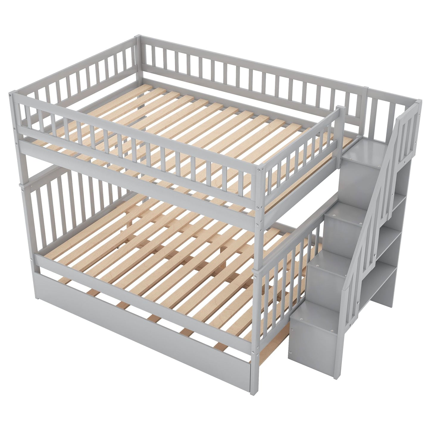 Staircase Storage Full Over Full Wood Bunk Bed with Trundle, Gray | Just Better Bunk Beds