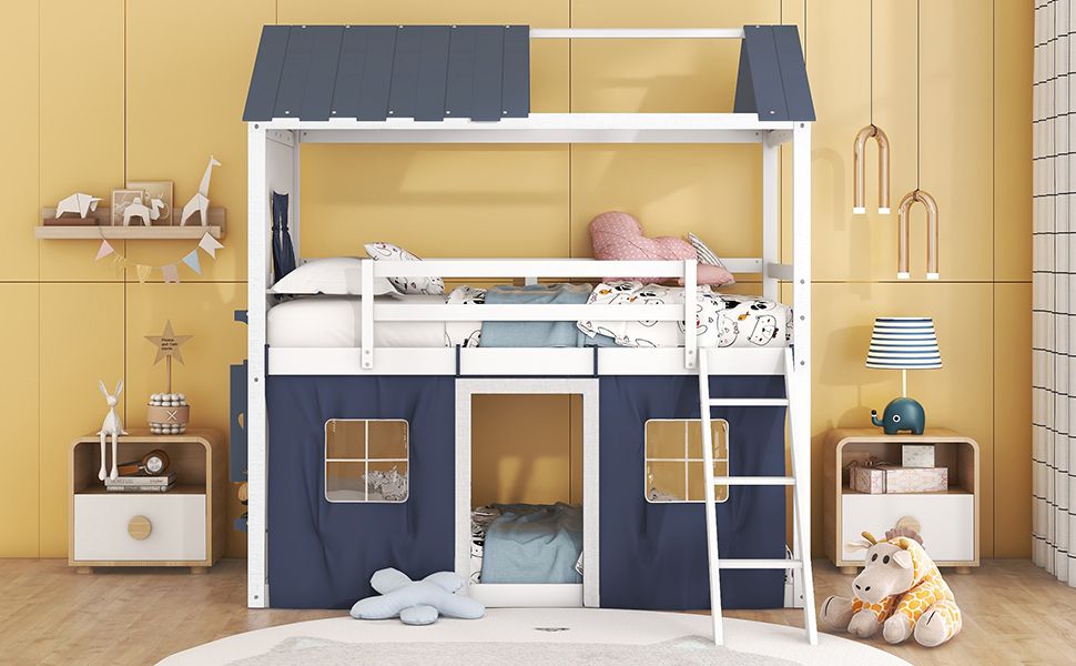 House-Style Twin Wood Bunk Bed with Elegant Windows, Sills, Tent, Blue and White | Just Better Bunk Beds