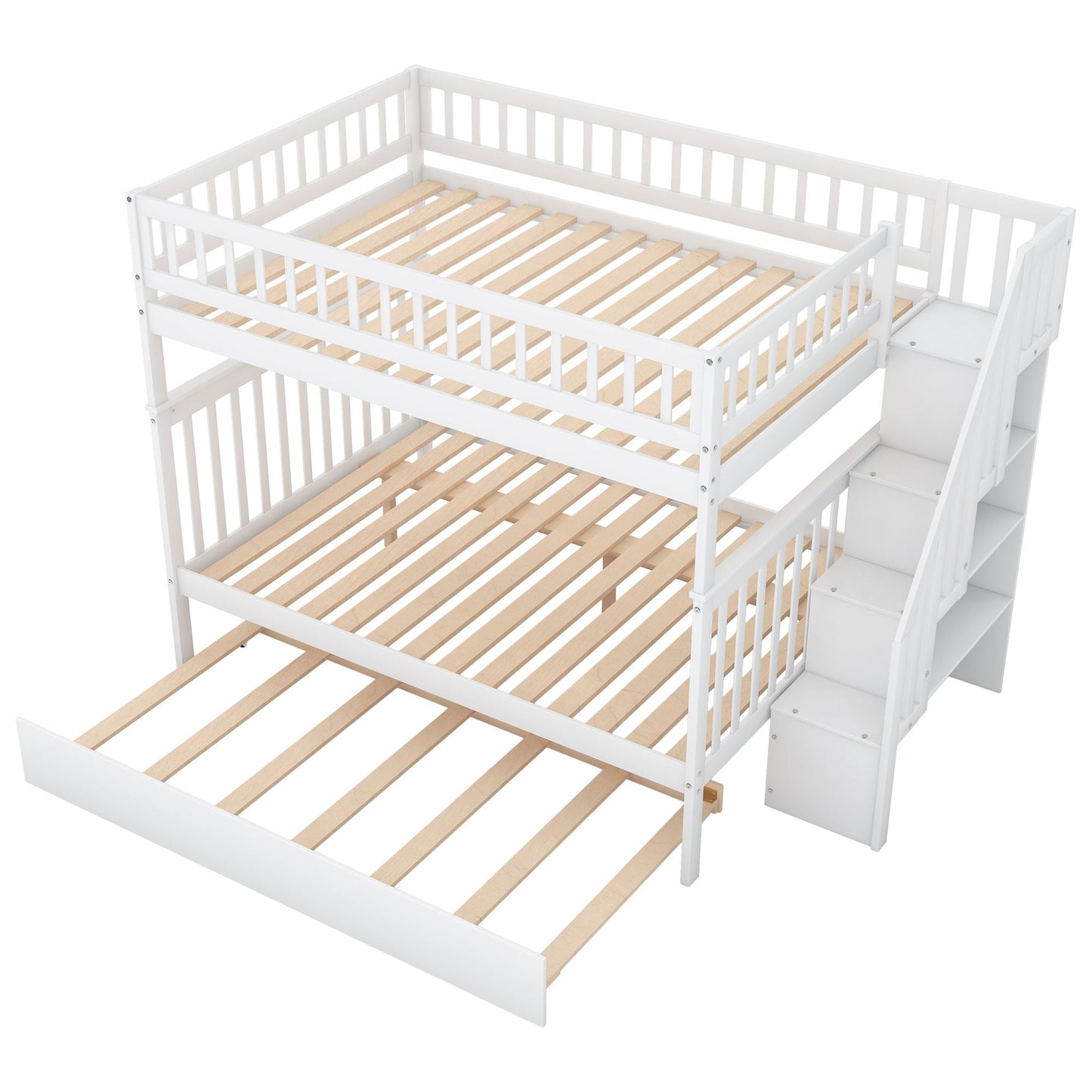 Space-Saving Full Over Full Wood Bunk Bed with Trundle and Staircase, Gray and White | Just Better Bunk Beds